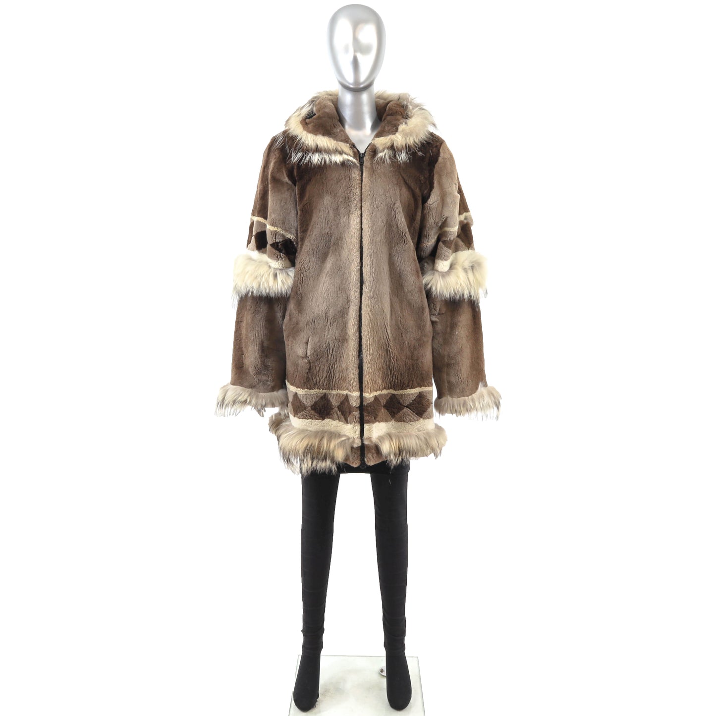 Brown Sheared Hooded Beaver Jacket with Raccoon Trim- Size M