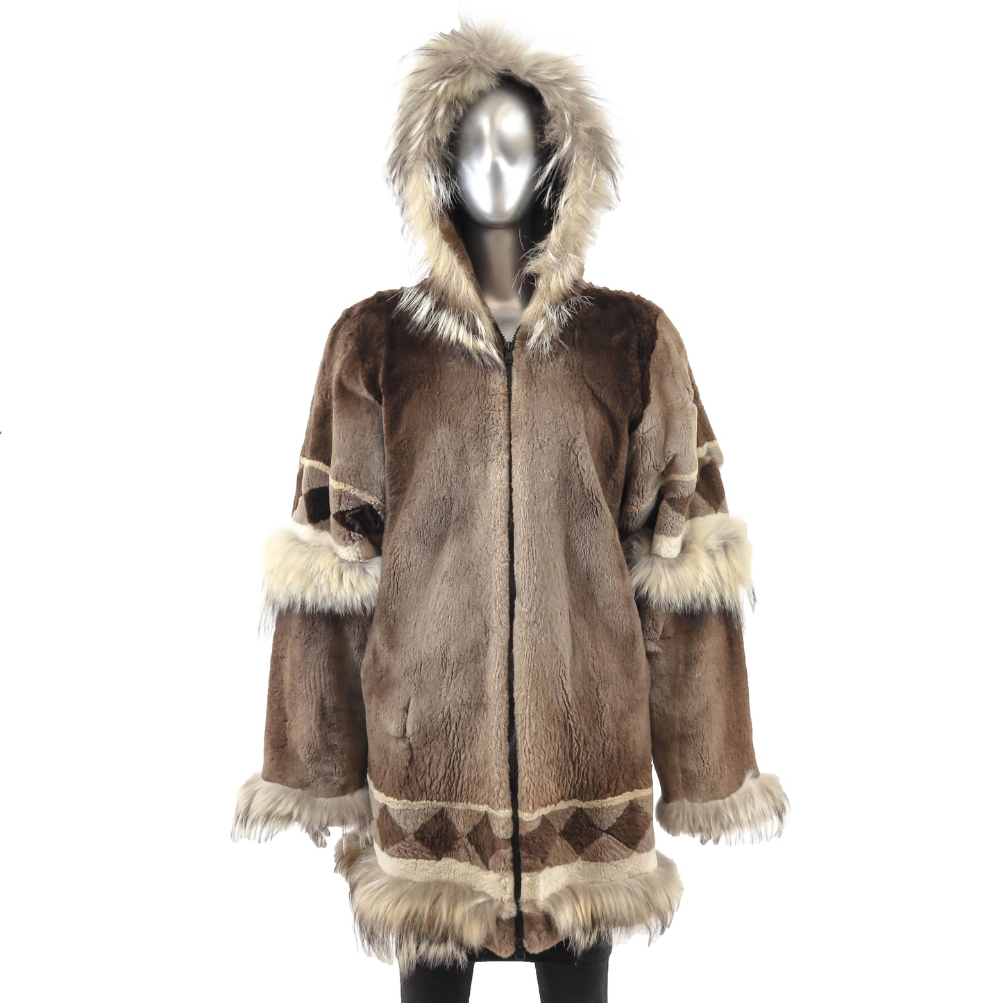 Brown Sheared Hooded Beaver Jacket with Raccoon Trim- Size M