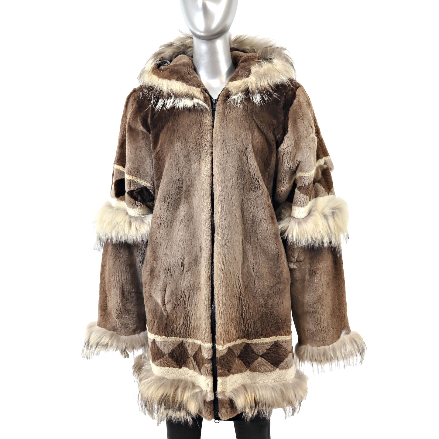 Brown Sheared Hooded Beaver Jacket with Raccoon Trim- Size M