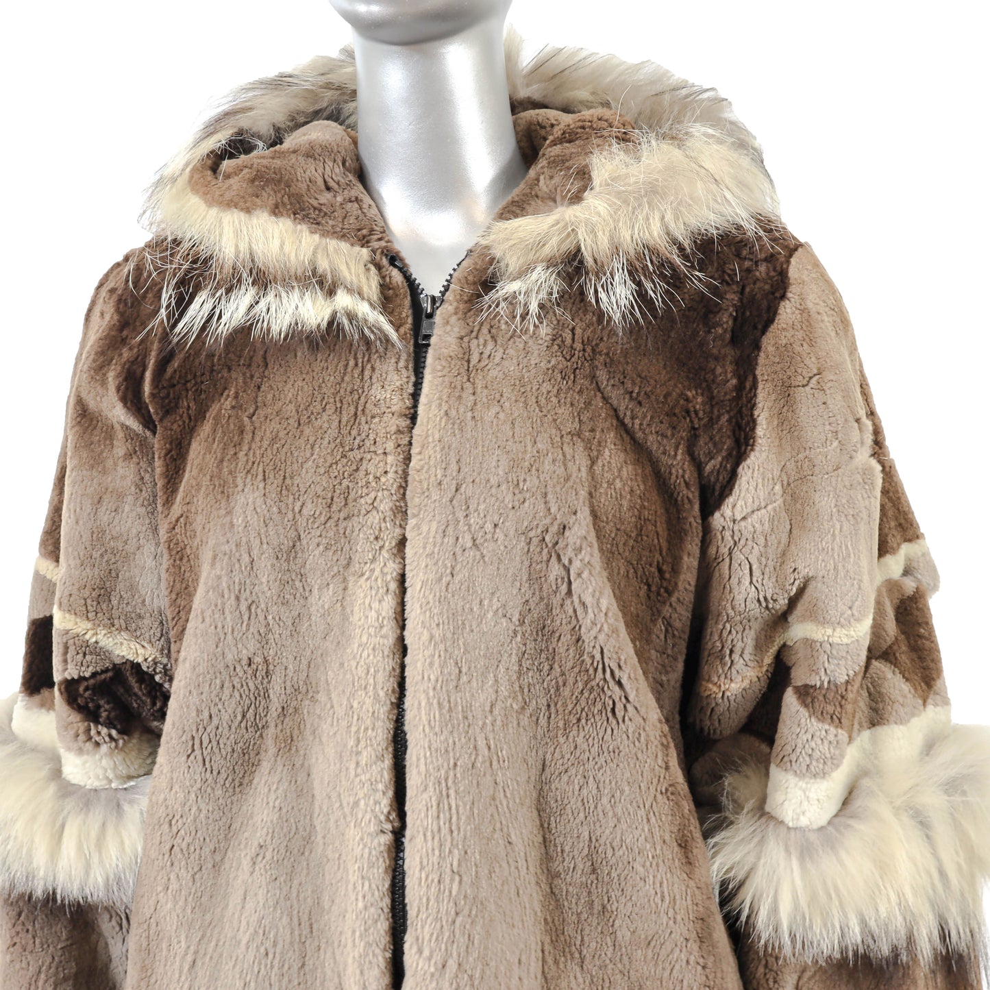 Brown Sheared Hooded Beaver Jacket with Raccoon Trim- Size M