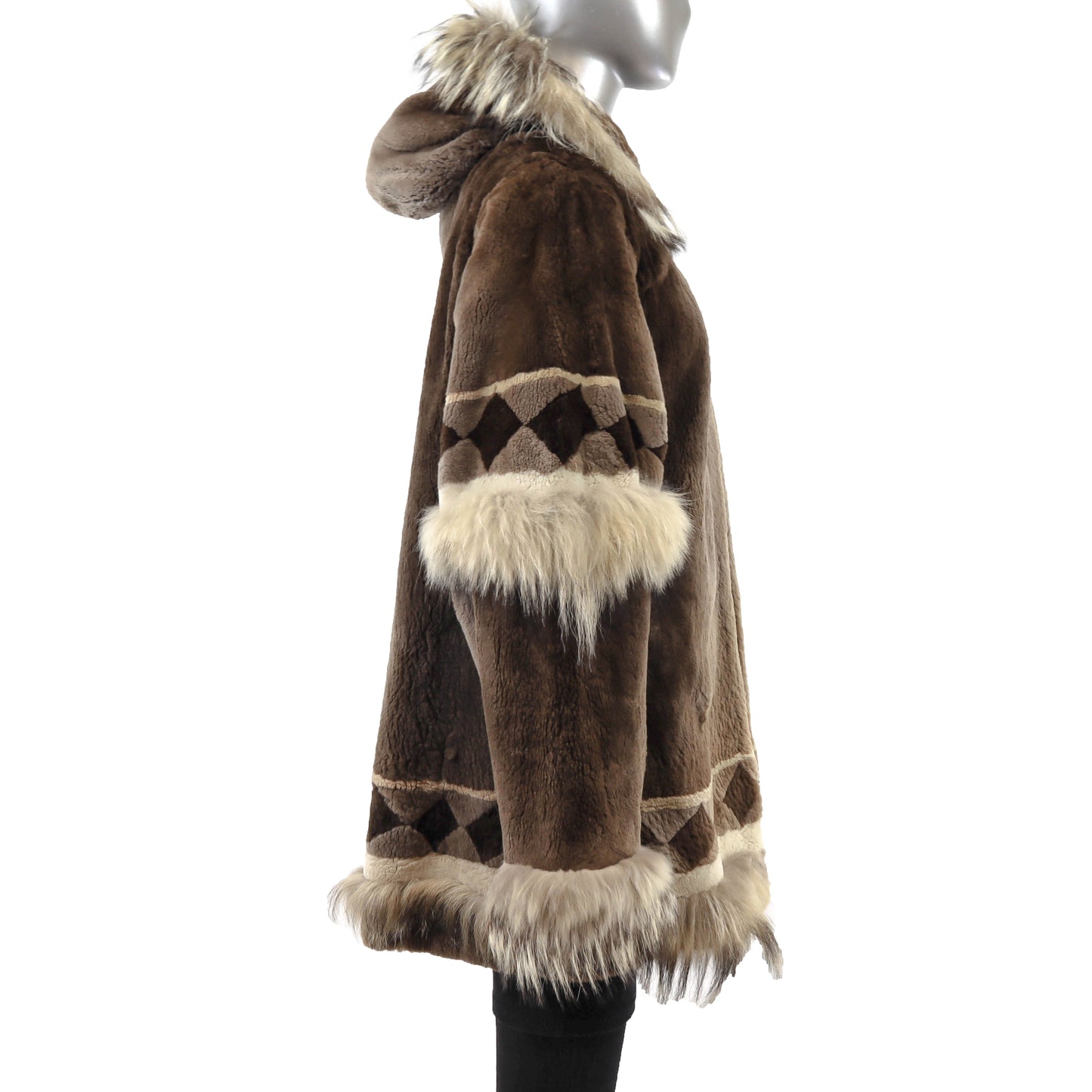 Brown Sheared Hooded Beaver Jacket with Raccoon Trim- Size M