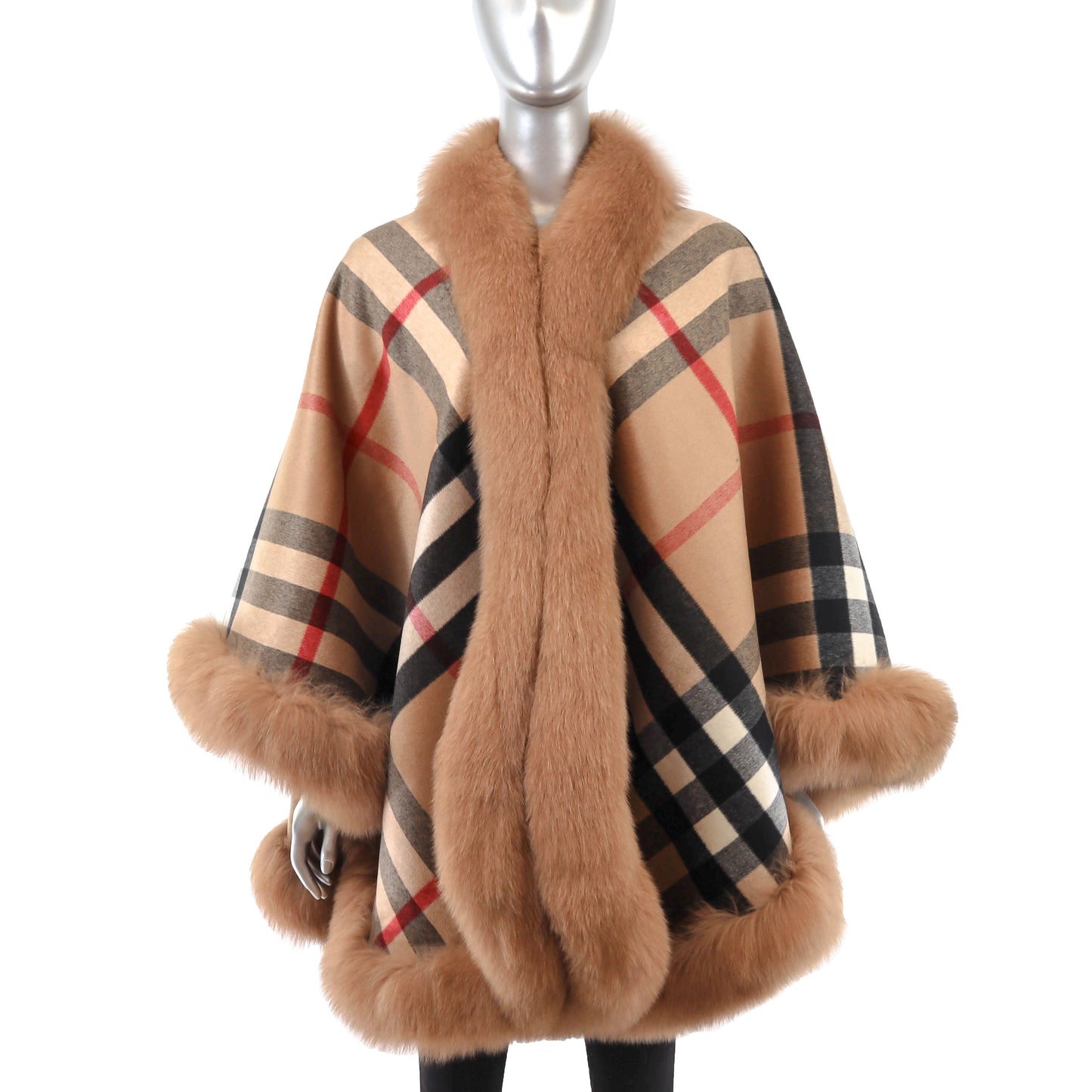 Brown Cashmere Cape with Fox Trim- Size Free