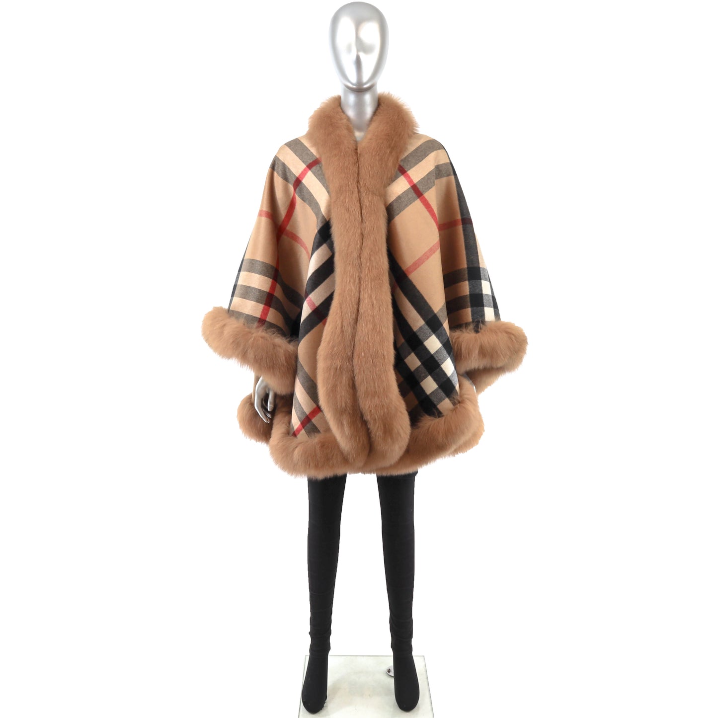 Brown Cashmere Cape with Fox Trim- Size Free