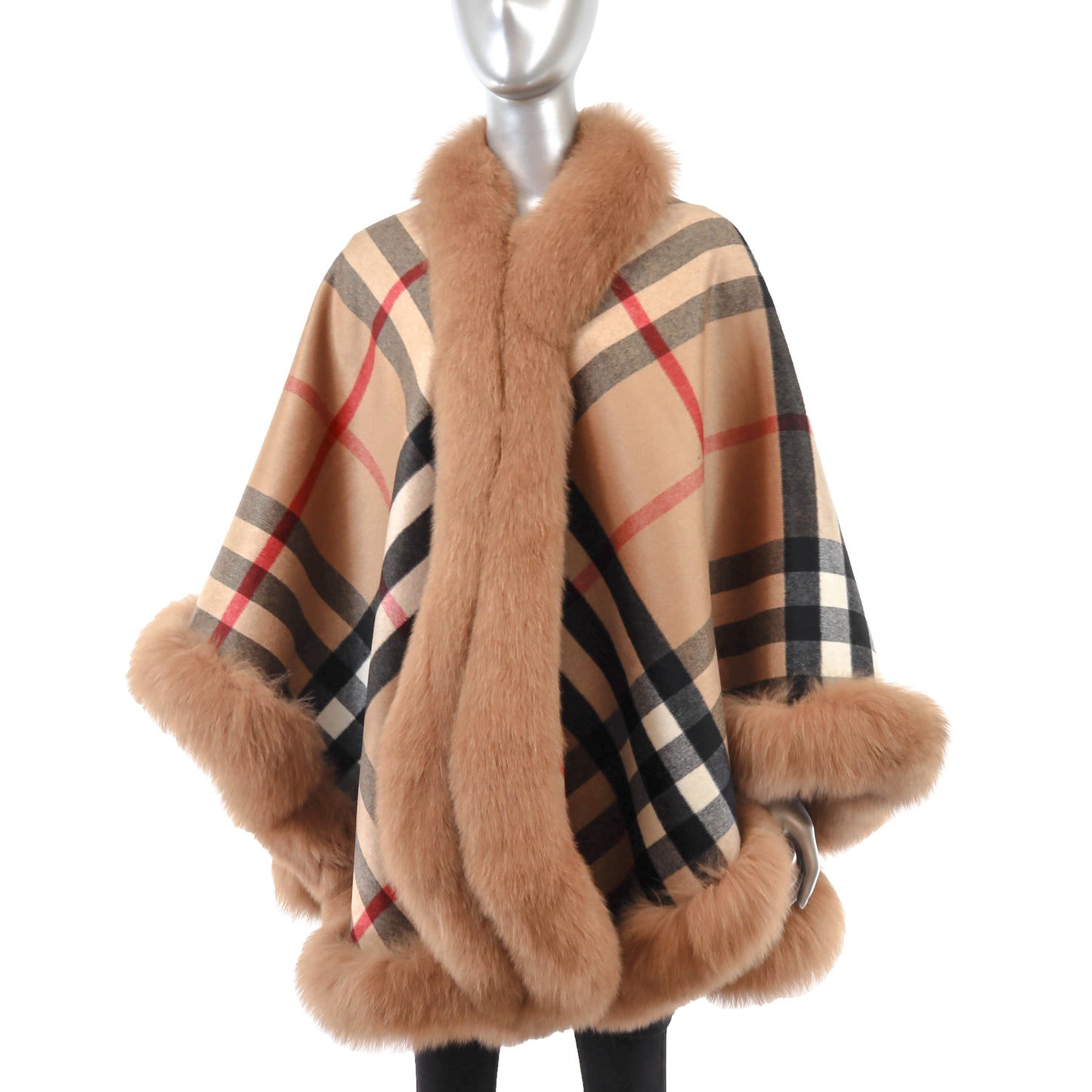 Brown Cashmere Cape with Fox Trim- Size Free