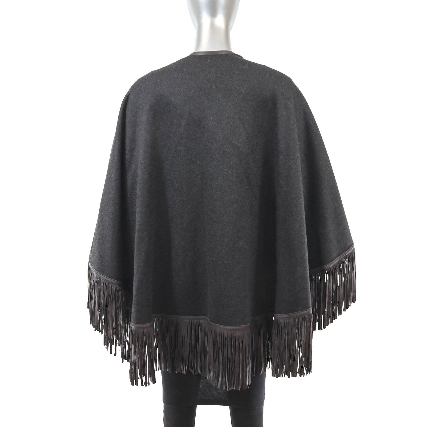 Brown Cashmere Cape with Leather Trim and Fringes- Size Free