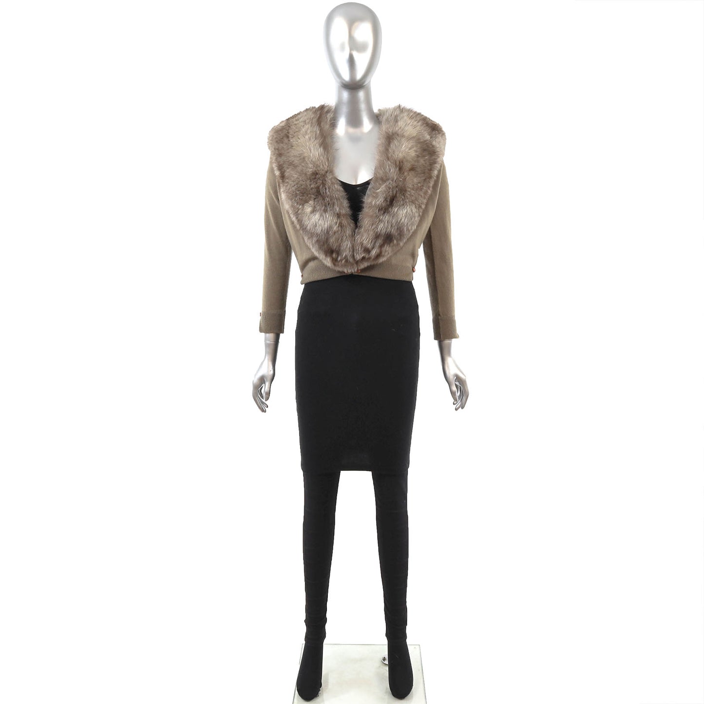 Taupe Cashmere Sweater with Detachable Fox Collar- Size XS