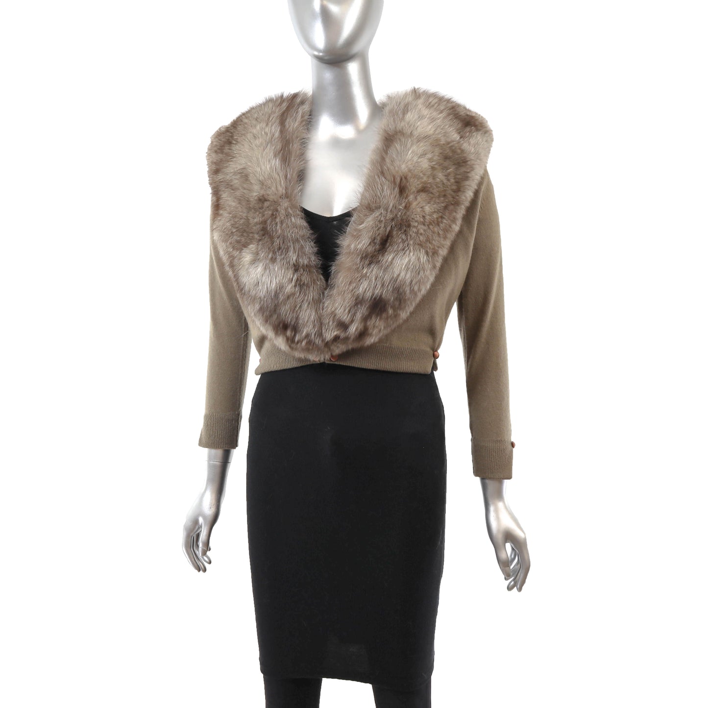 Taupe Cashmere Sweater with Detachable Fox Collar- Size XS