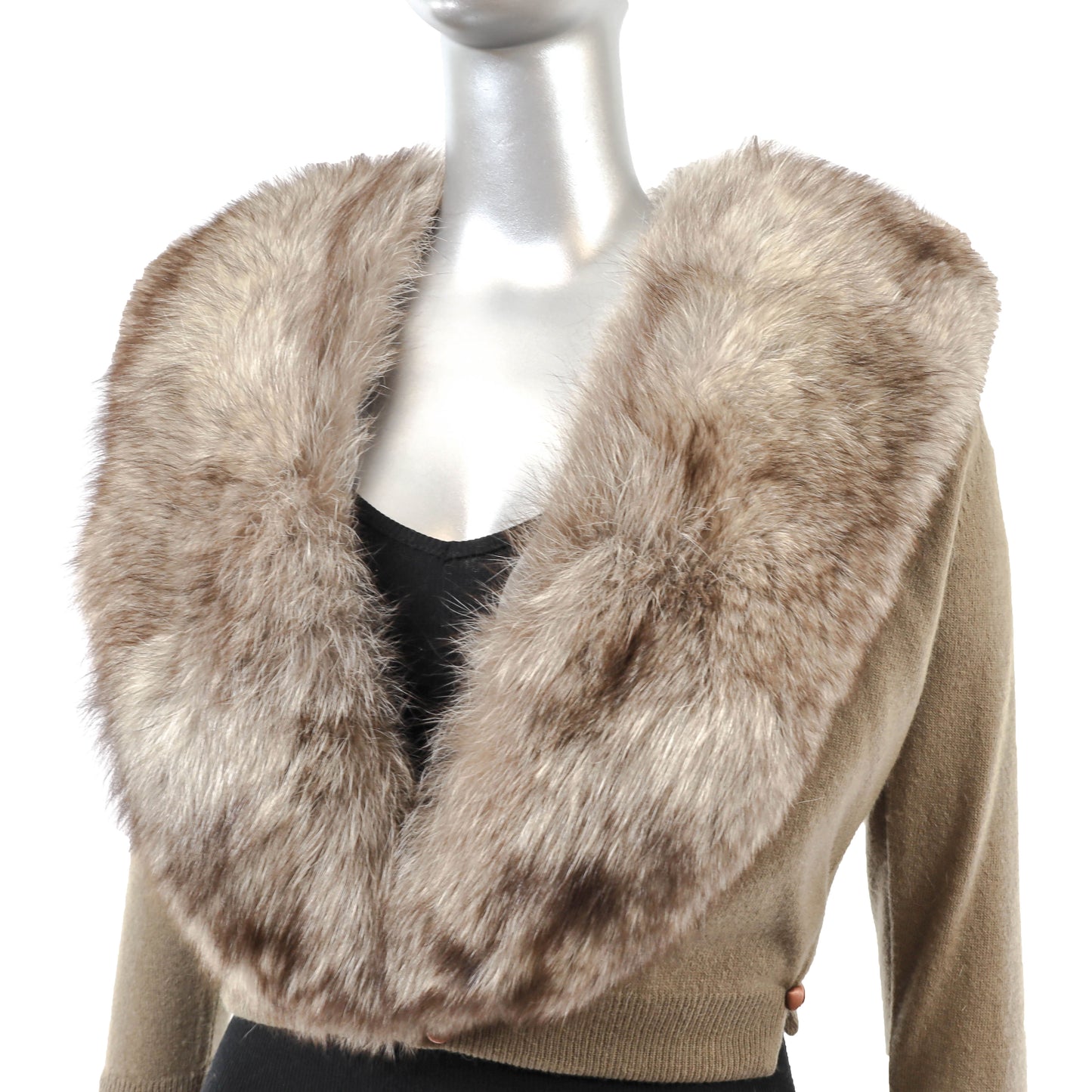 Taupe Cashmere Sweater with Detachable Fox Collar- Size XS