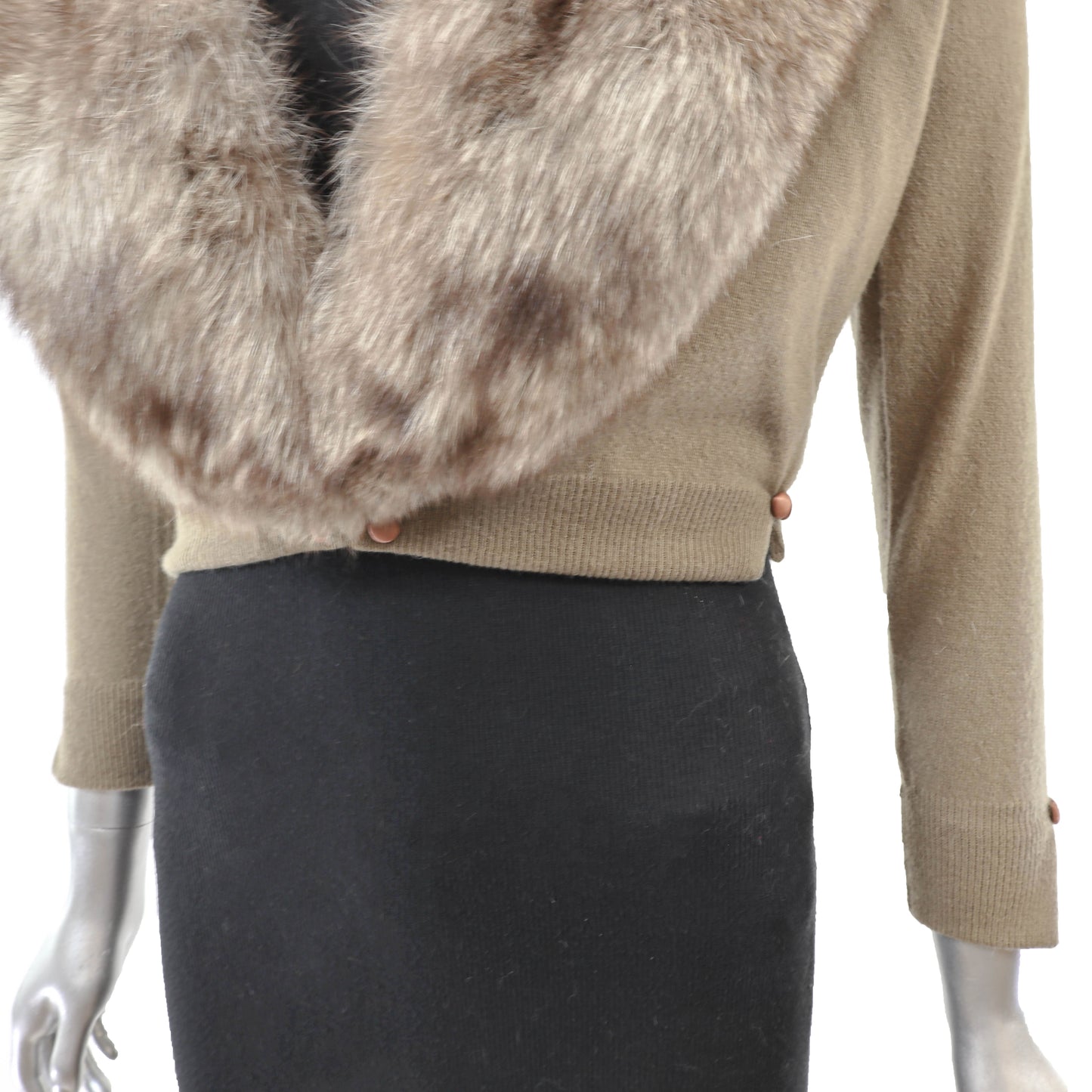 Taupe Cashmere Sweater with Detachable Fox Collar- Size XS