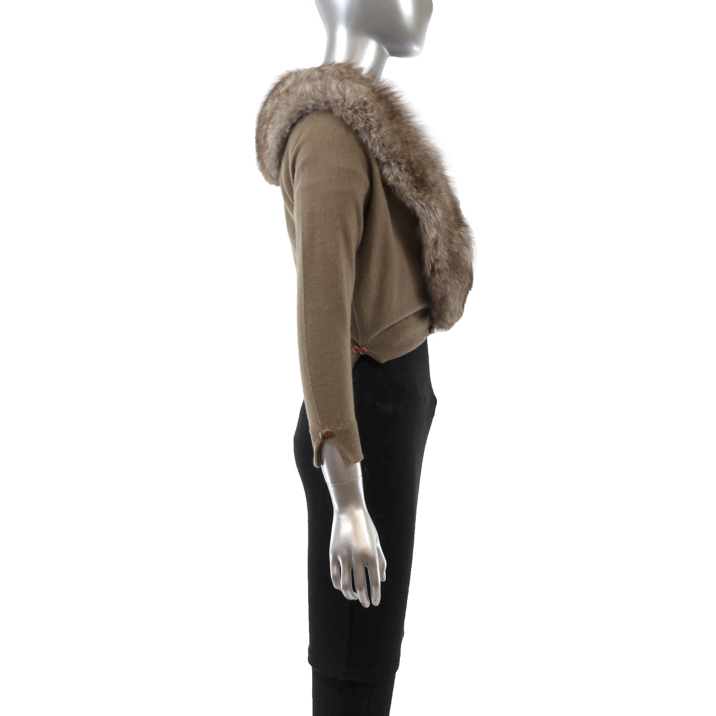 Taupe Cashmere Sweater with Detachable Fox Collar- Size XS