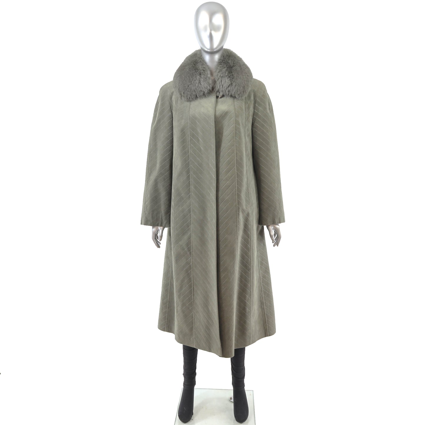 Sage Green Coat with Removable Fox Collar- Size M
