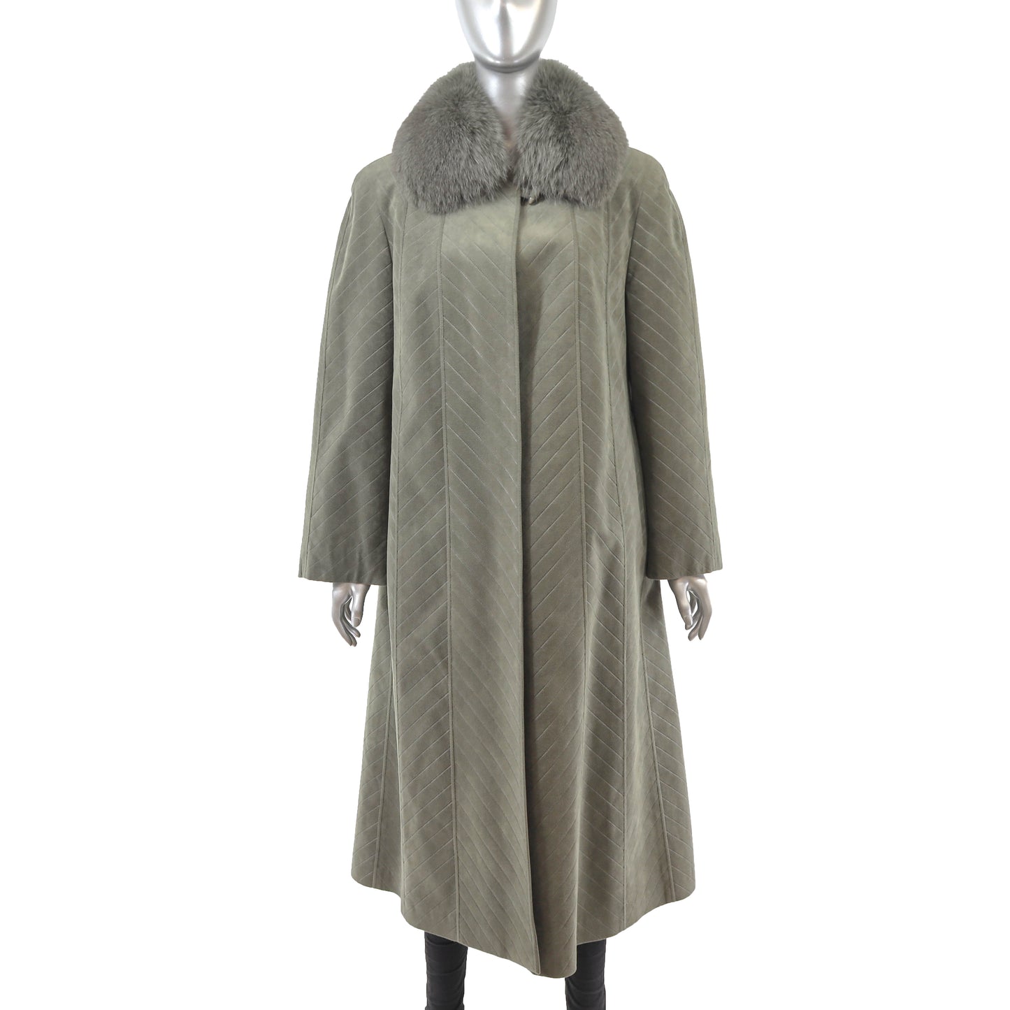 Sage Green Coat with Removable Fox Collar- Size M