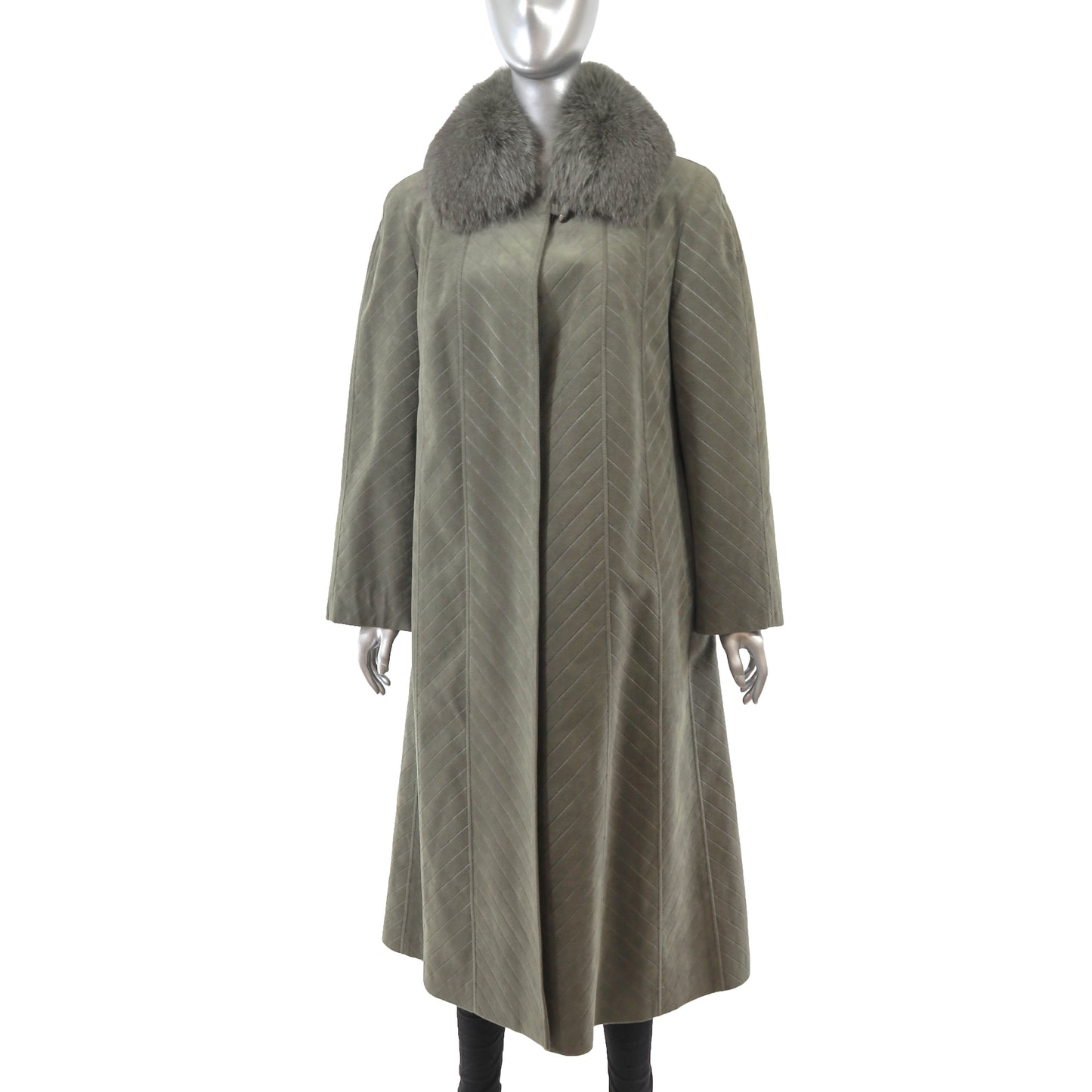 Sage Green Coat with Removable Fox Collar- Size M
