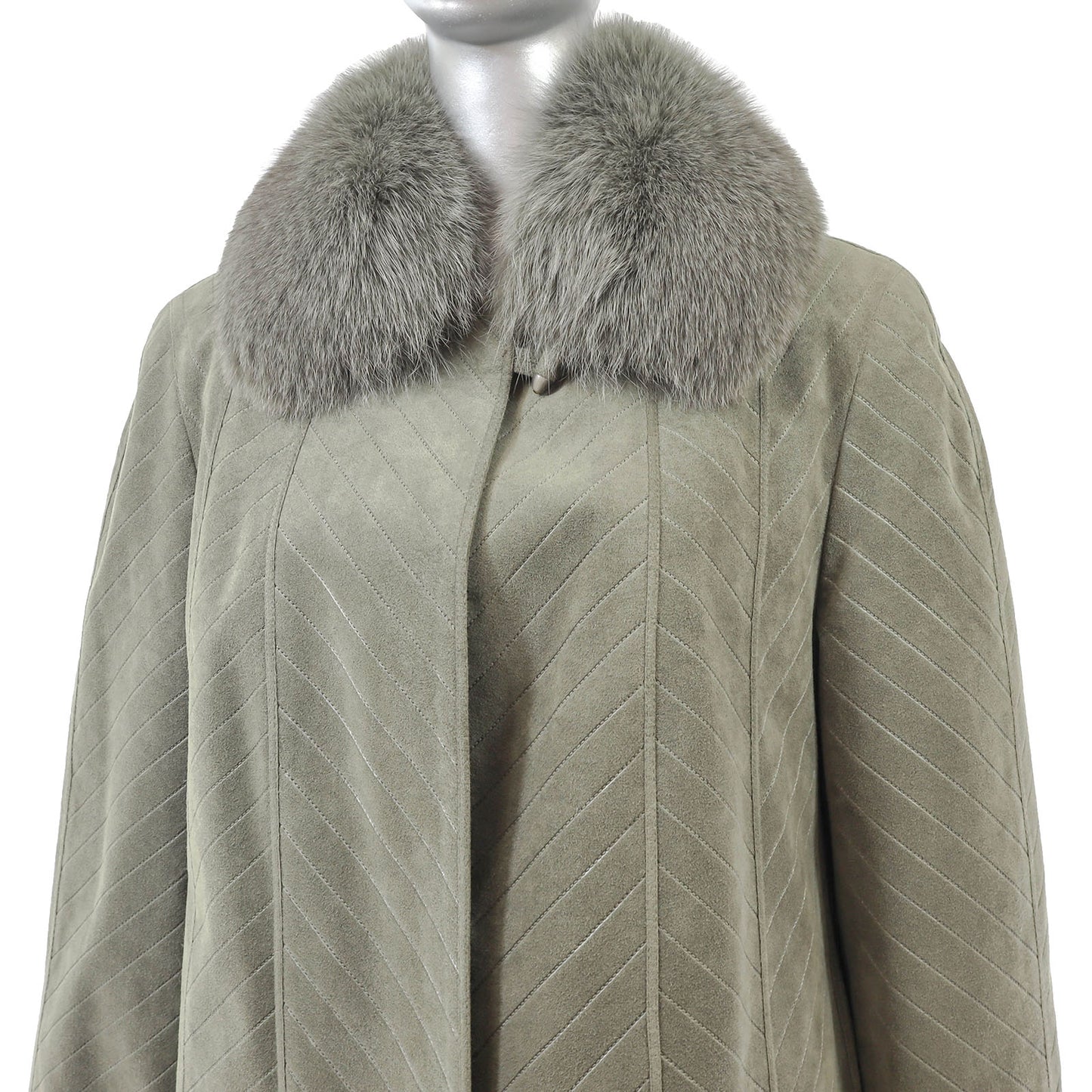 Sage Green Coat with Removable Fox Collar- Size M