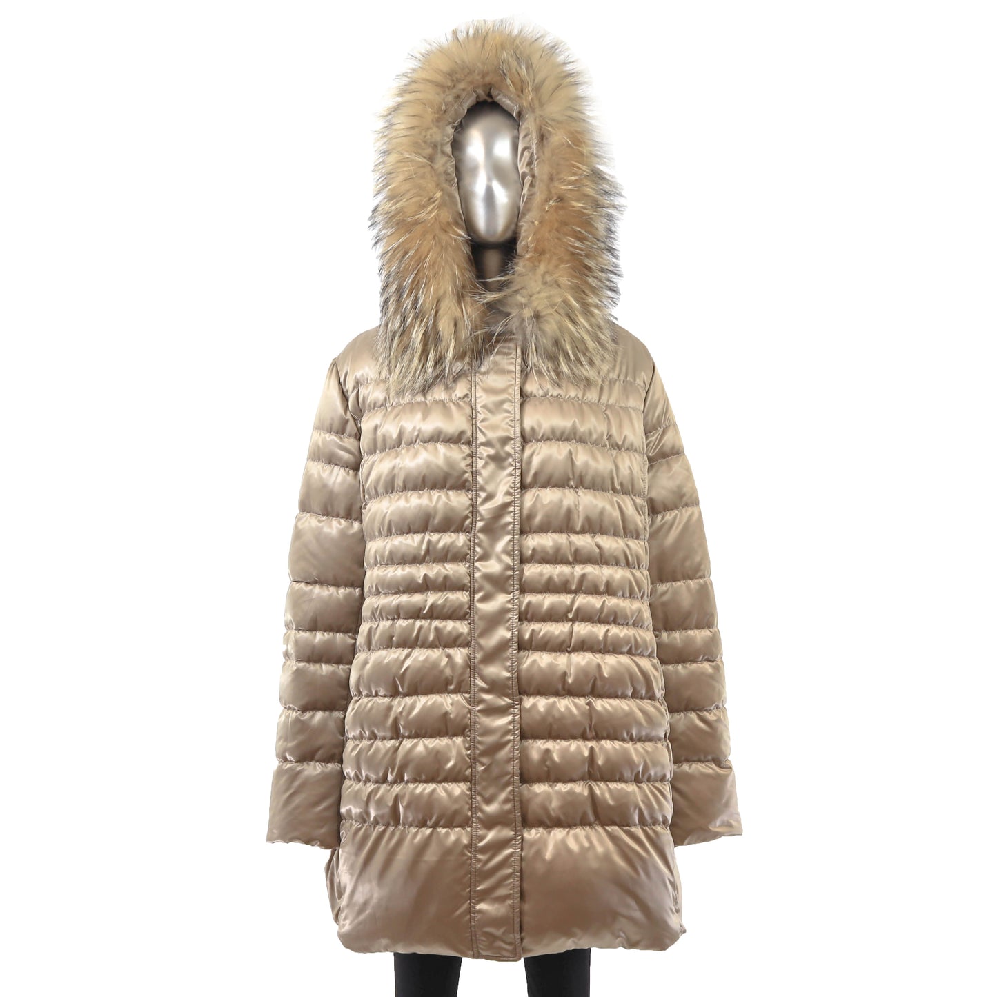 Beige Hooded Down Jacket with Raccoon Trim- Size XL
