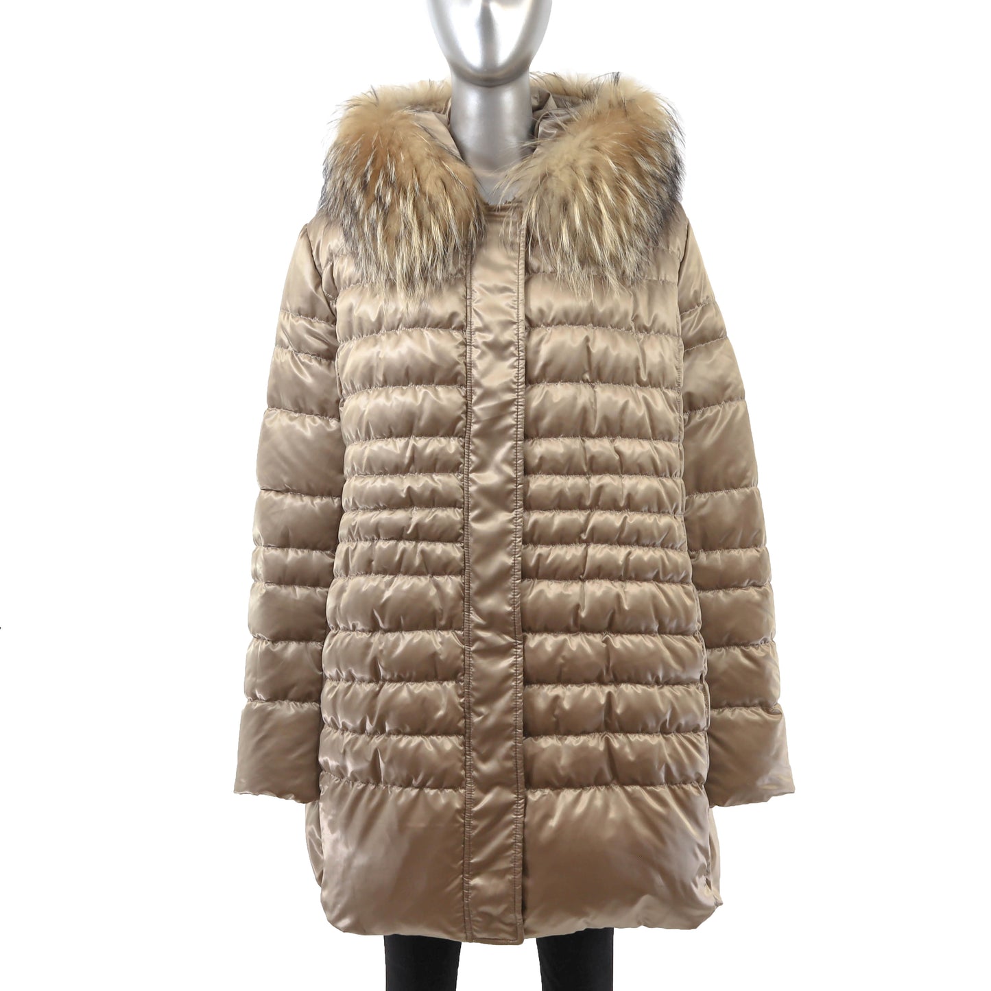 Beige Hooded Down Jacket with Raccoon Trim- Size XL