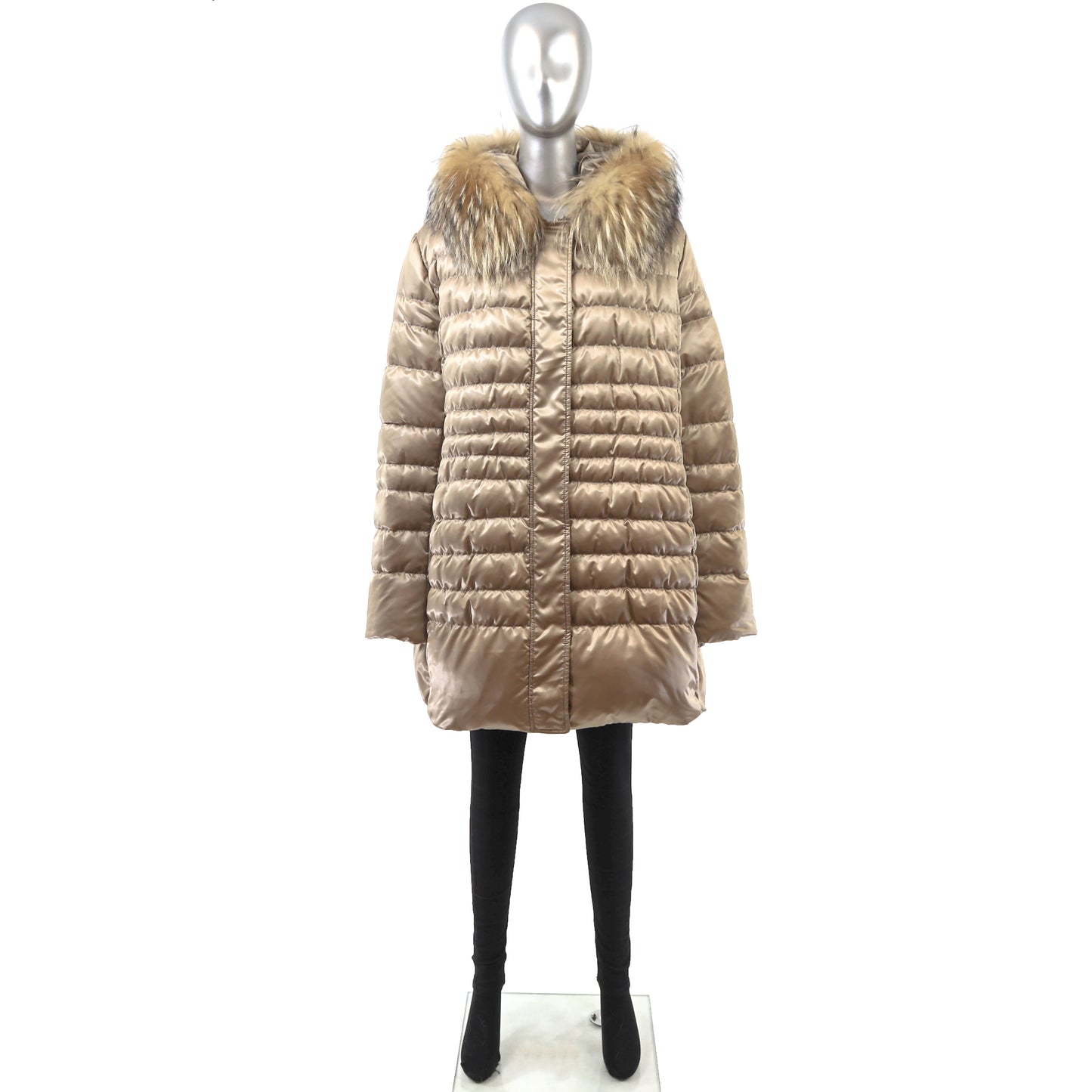 Beige Hooded Down Jacket with Raccoon Trim- Size XL