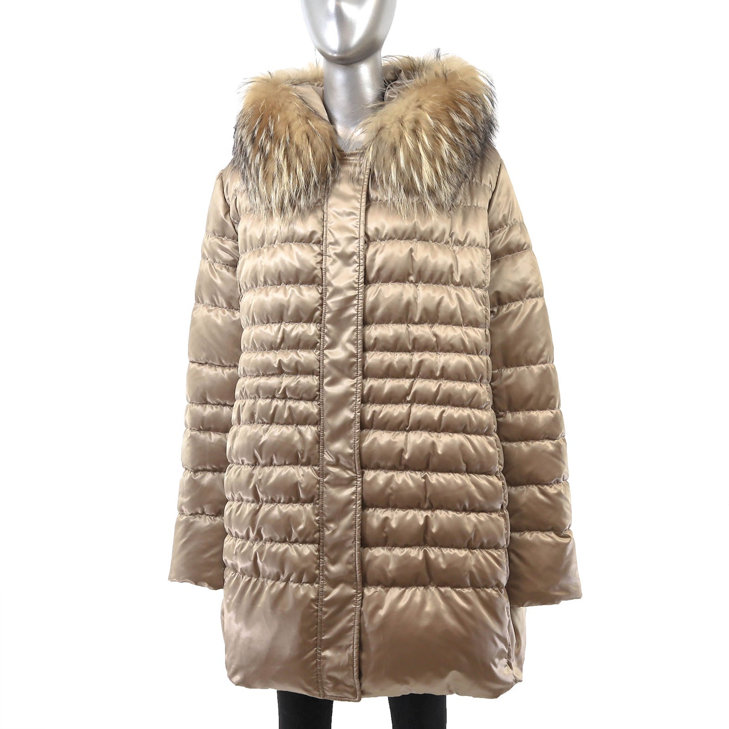 Beige Hooded Down Jacket with Raccoon Trim- Size XL