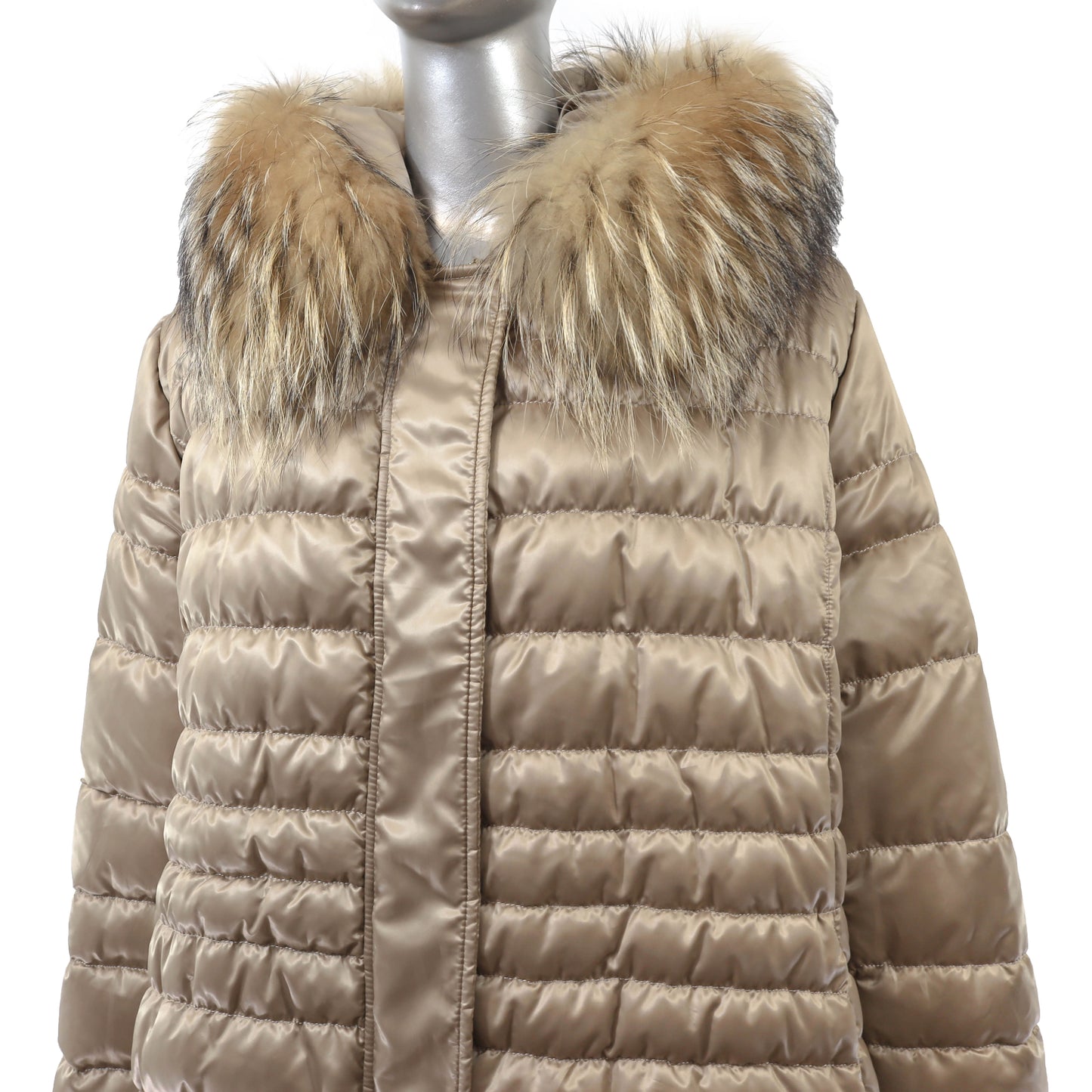 Beige Hooded Down Jacket with Raccoon Trim- Size XL