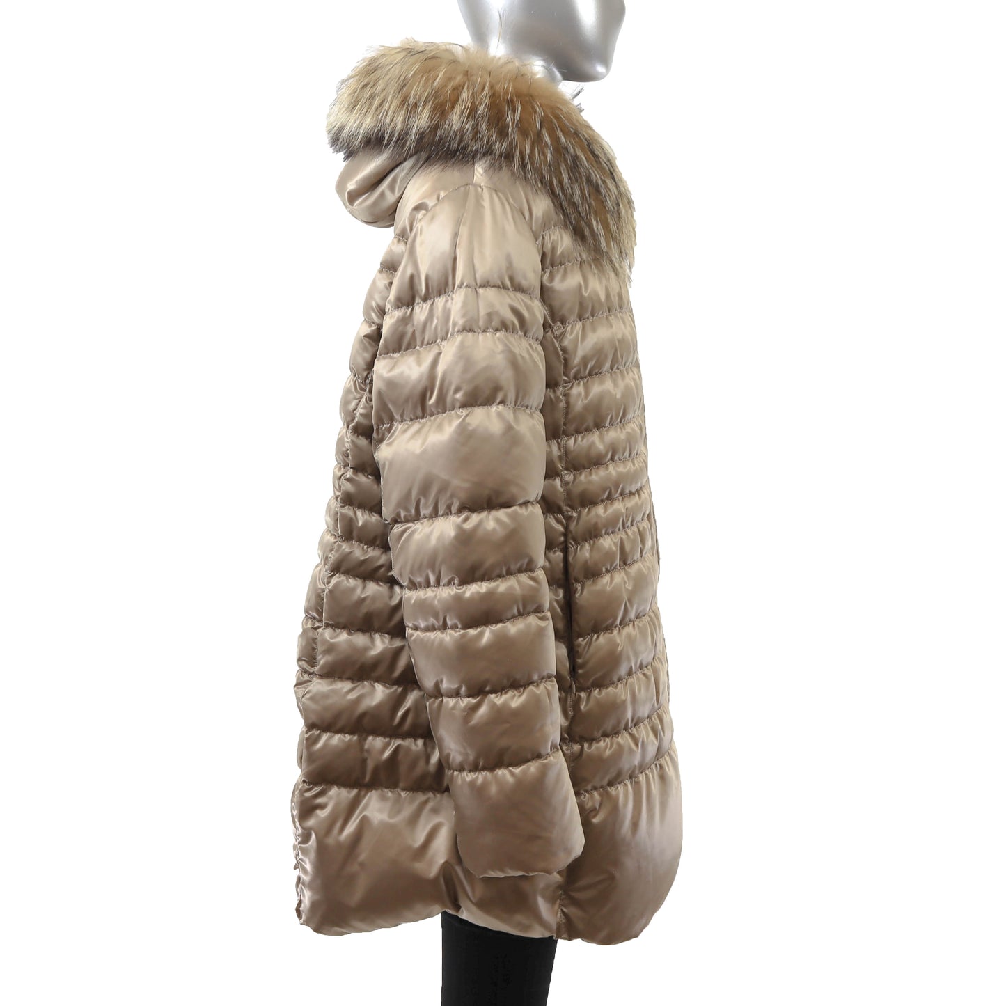 Beige Hooded Down Jacket with Raccoon Trim- Size XL