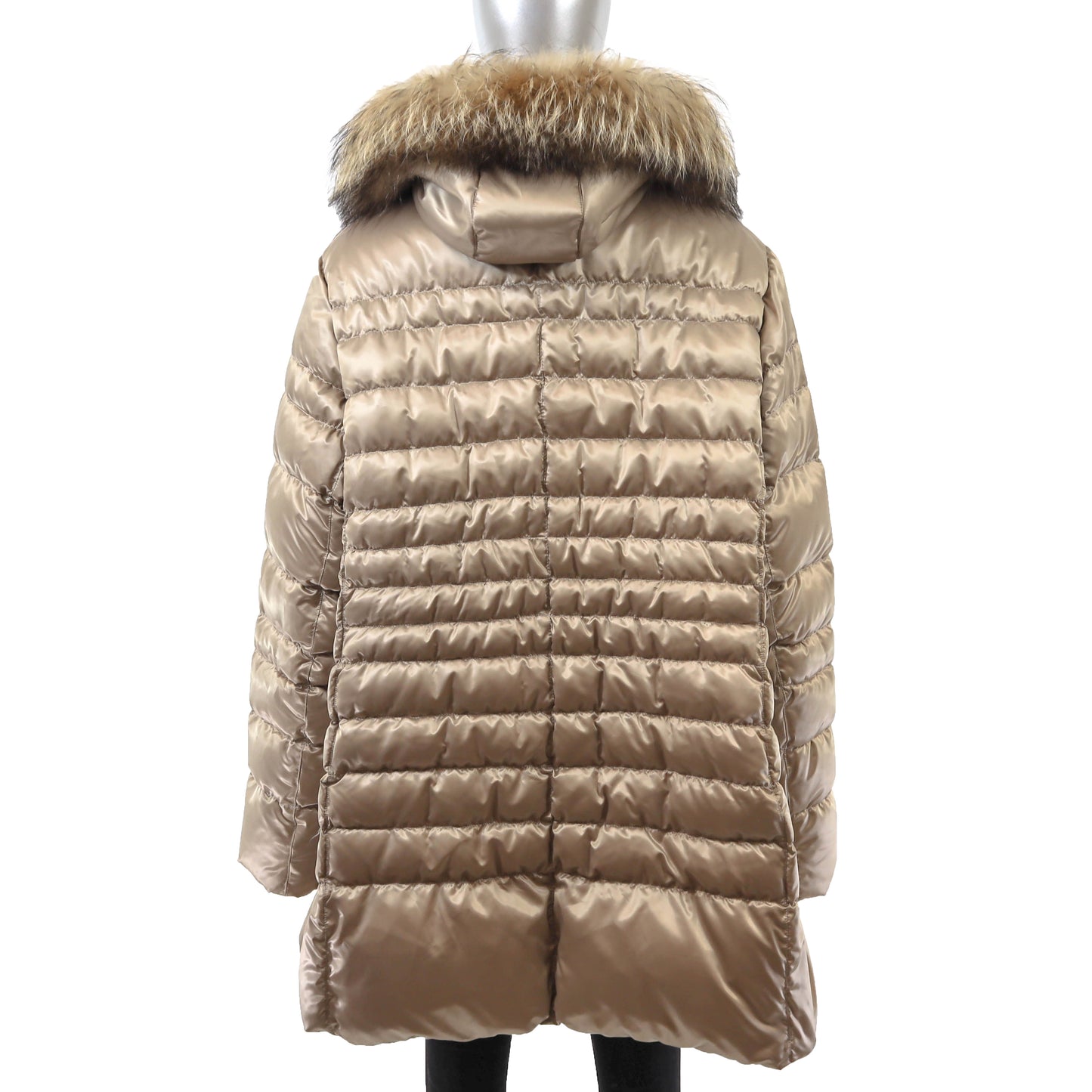 Beige Hooded Down Jacket with Raccoon Trim- Size XL