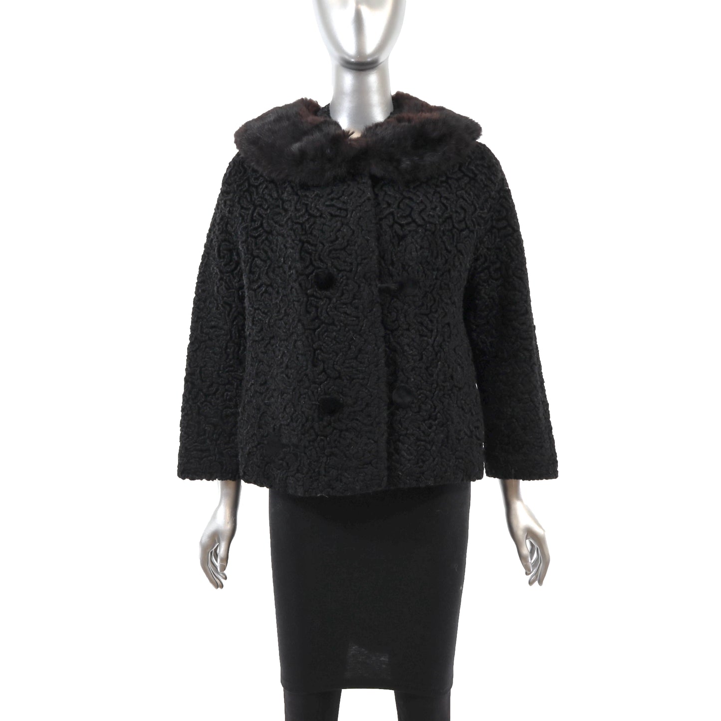 Black Faux Lamb Jacket with Fox Collar- Size S