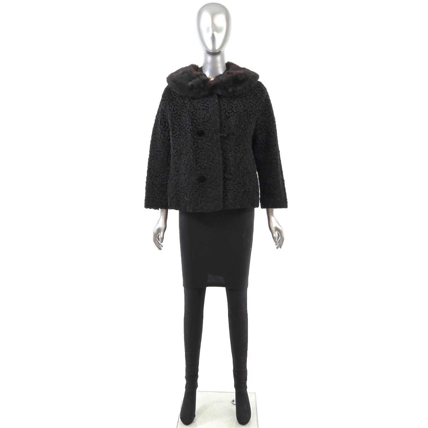 Black Faux Lamb Jacket with Fox Collar- Size S