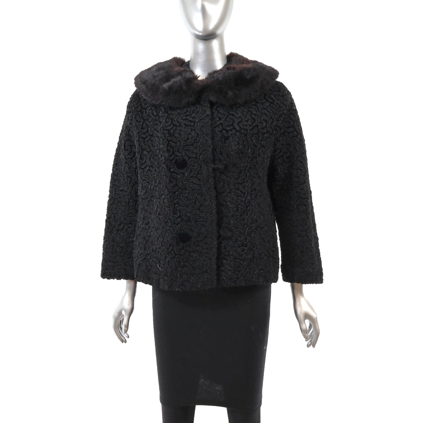 Black Faux Lamb Jacket with Fox Collar- Size S