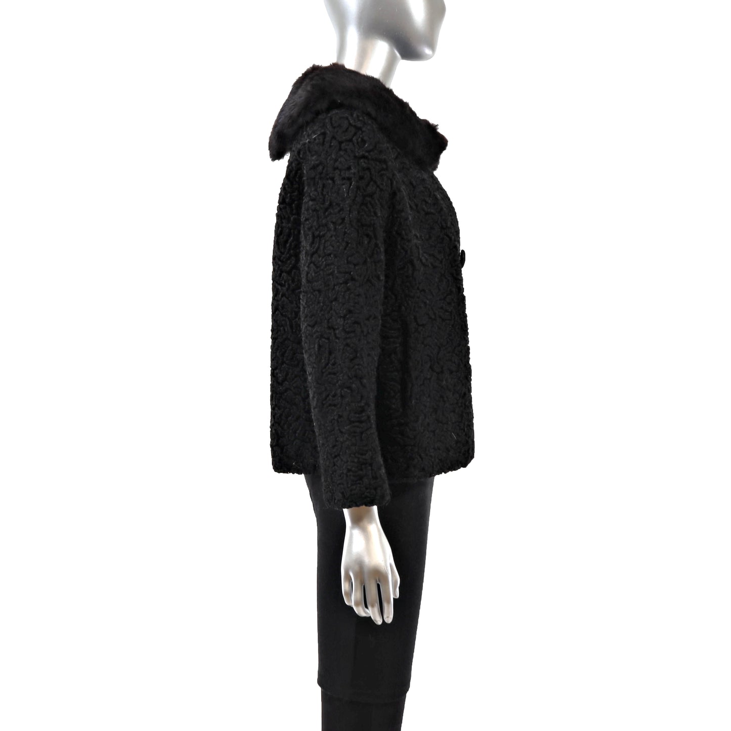 Black Faux Lamb Jacket with Fox Collar- Size S