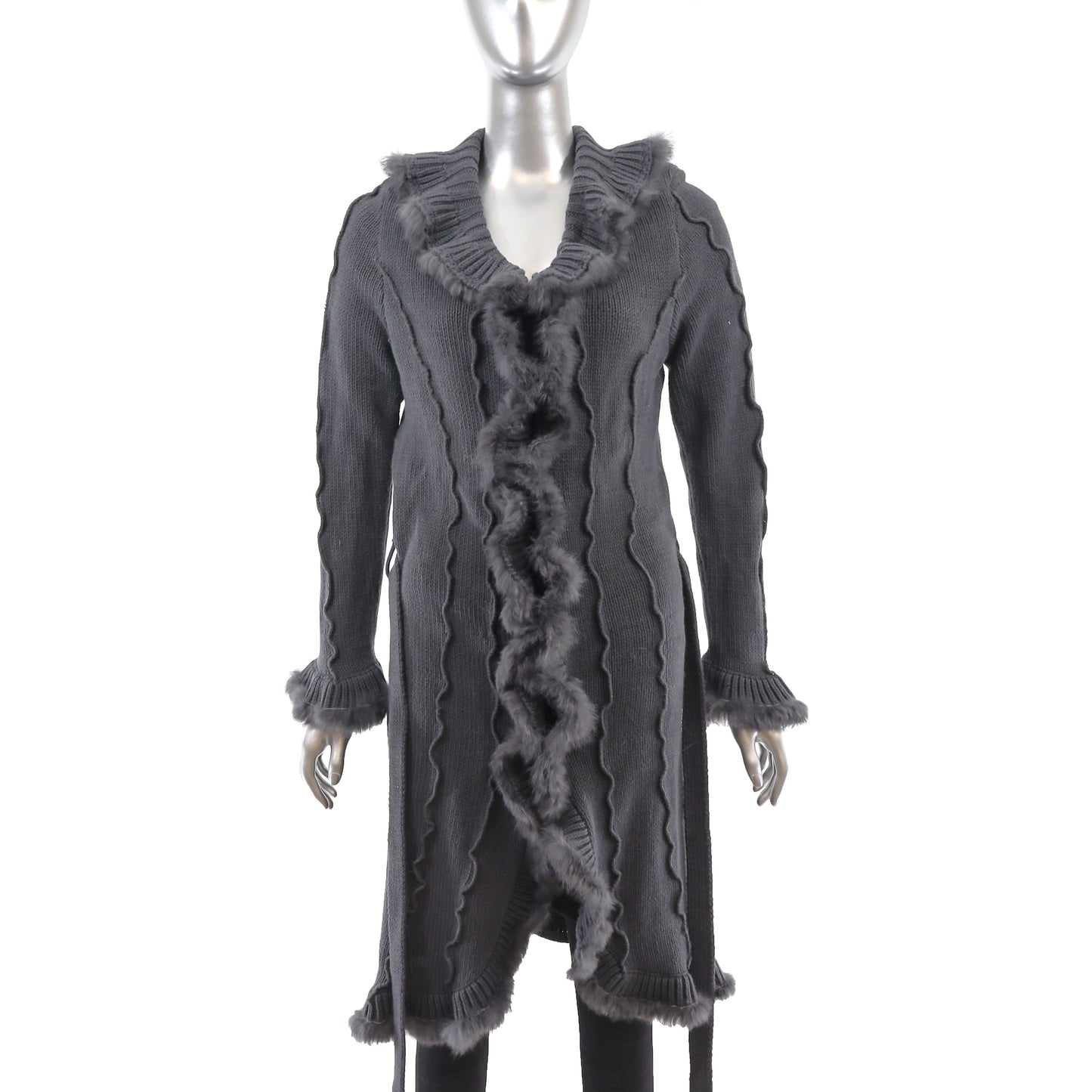 Grey Knitted Coat with Rabbit Trim- Size L
