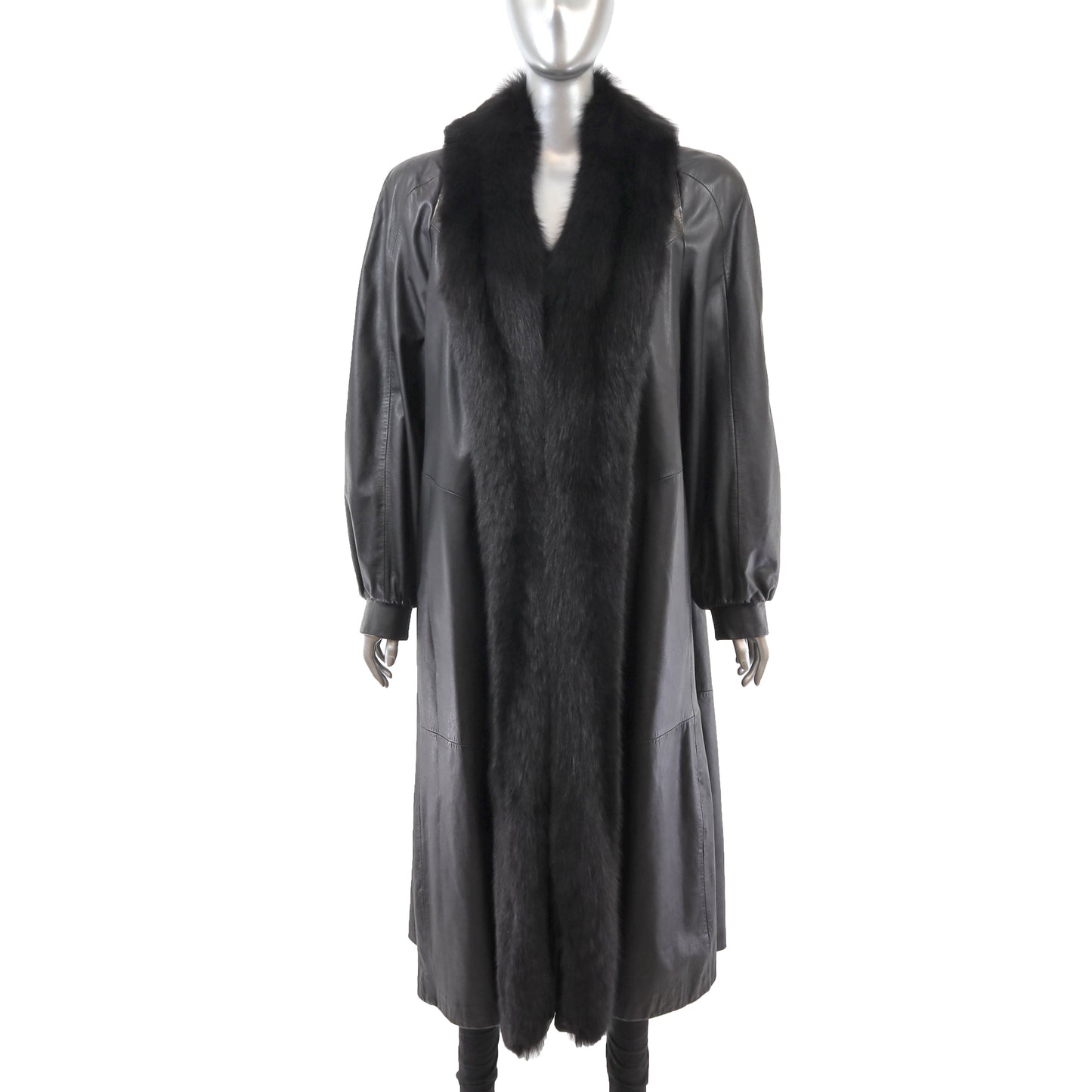 Black Leather Coat with Fox Tuxedo- Size M