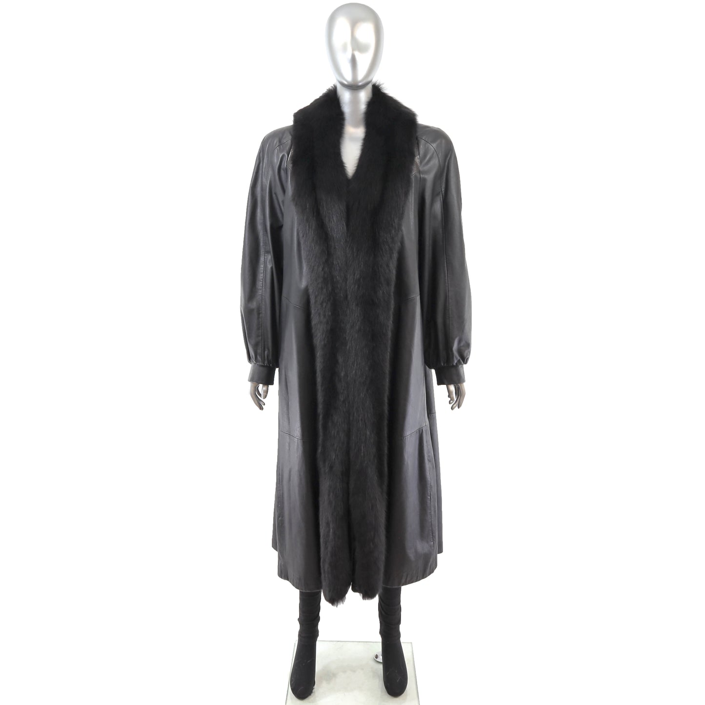 Black Leather Coat with Fox Tuxedo- Size M