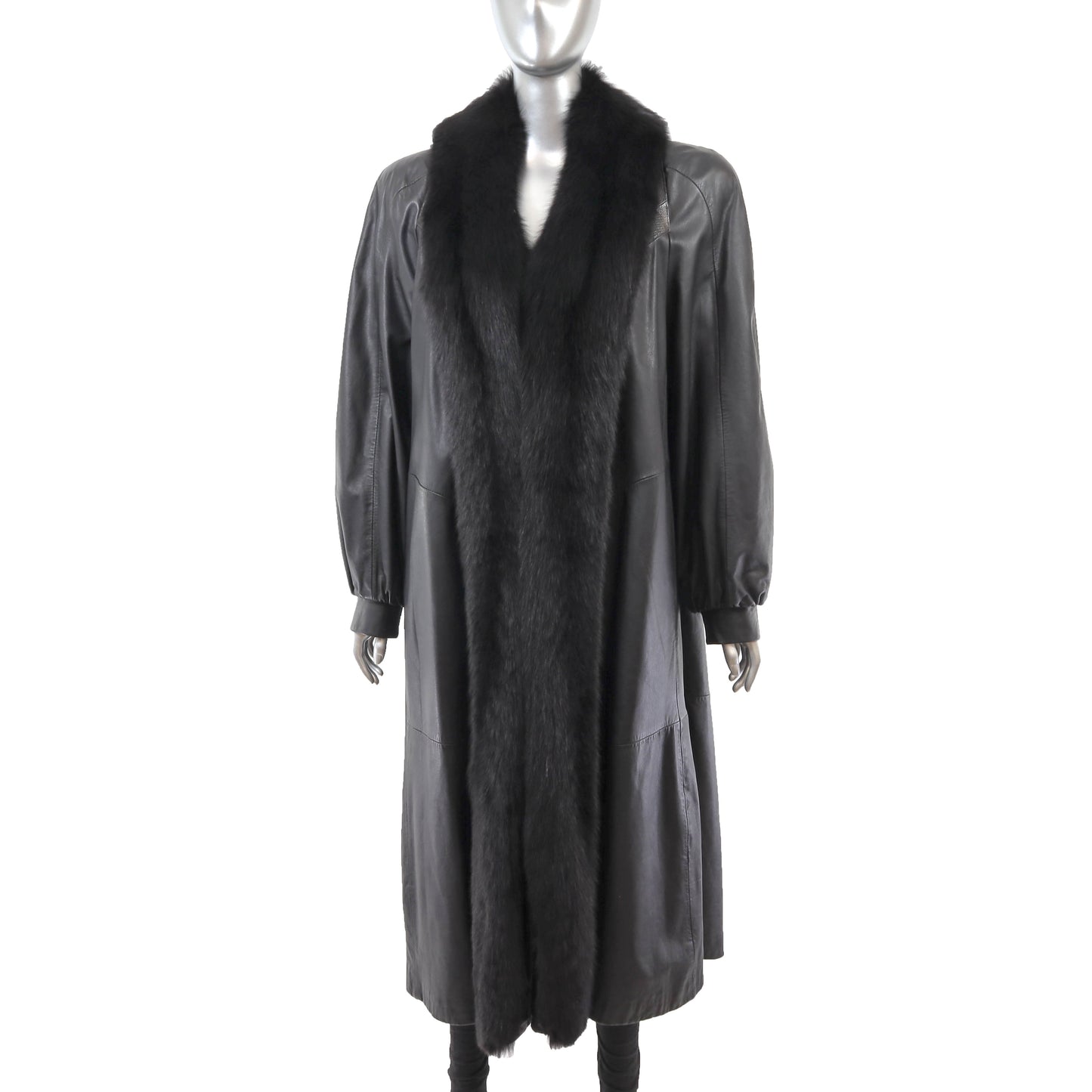 Black Leather Coat with Fox Tuxedo- Size M