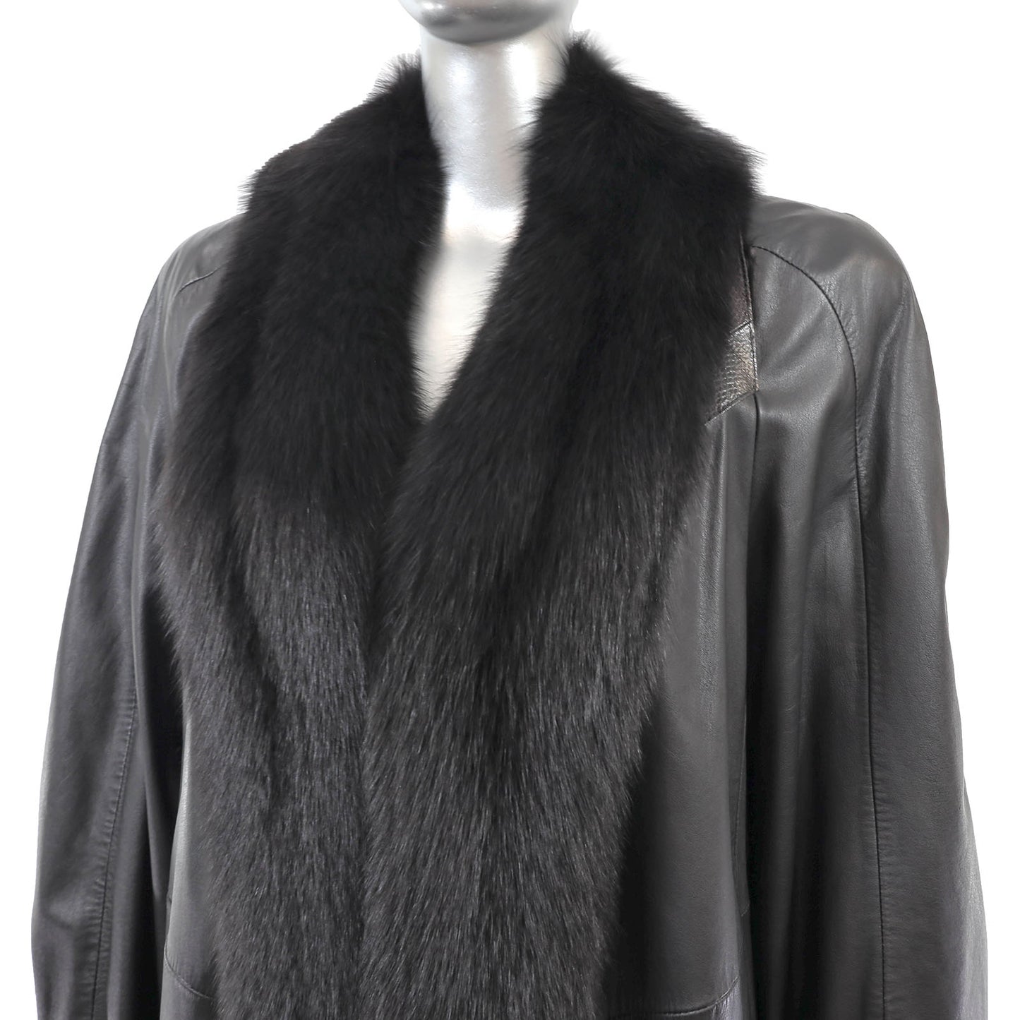 Black Leather Coat with Fox Tuxedo- Size M