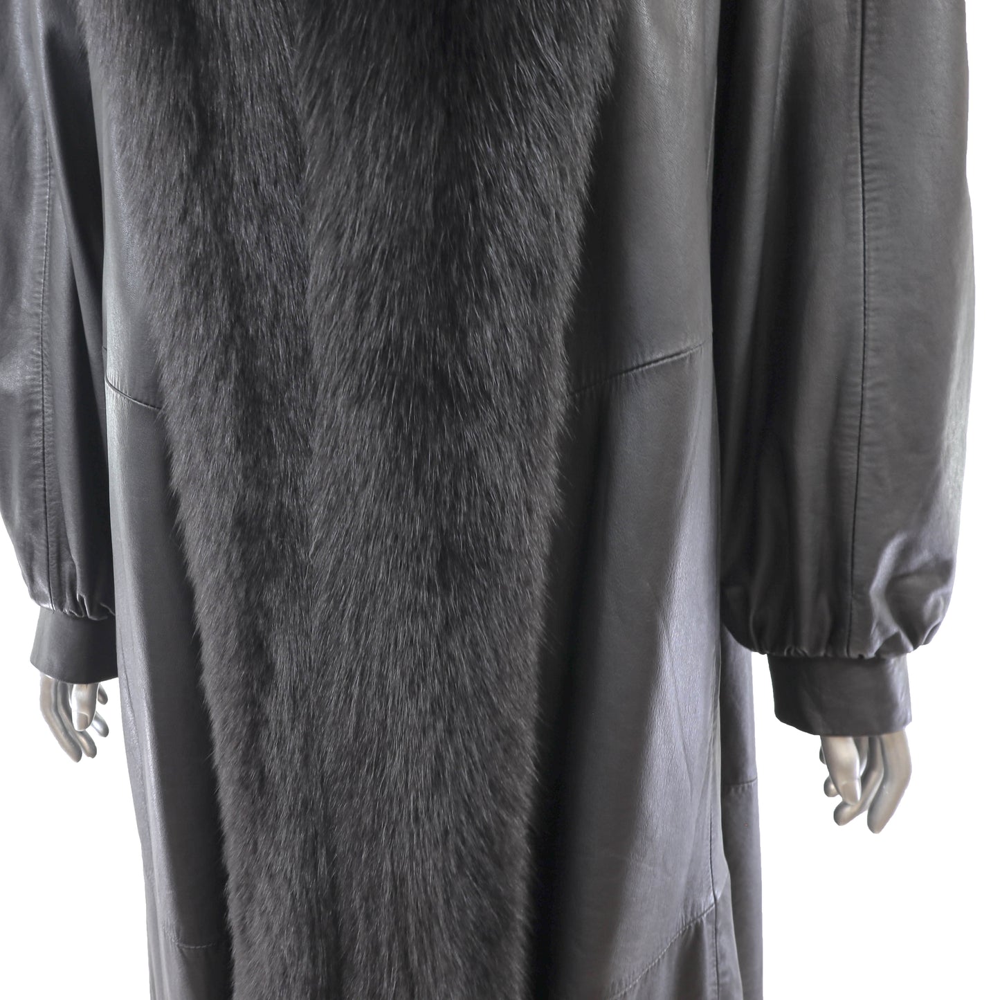 Black Leather Coat with Fox Tuxedo- Size M