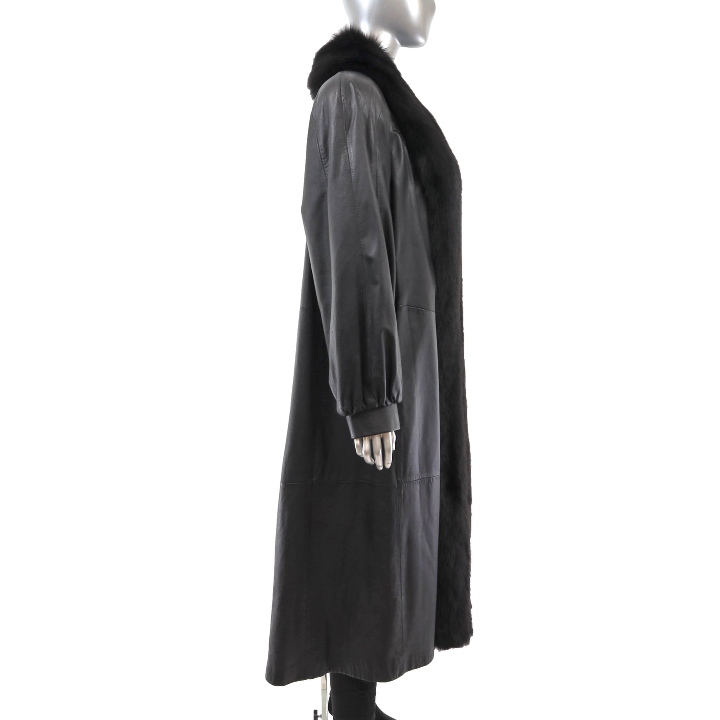 Black Leather Coat with Fox Tuxedo- Size M