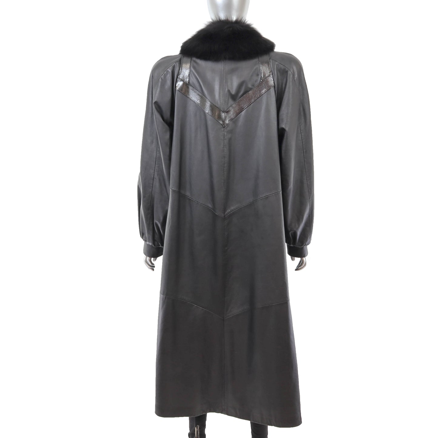 Black Leather Coat with Fox Tuxedo- Size M
