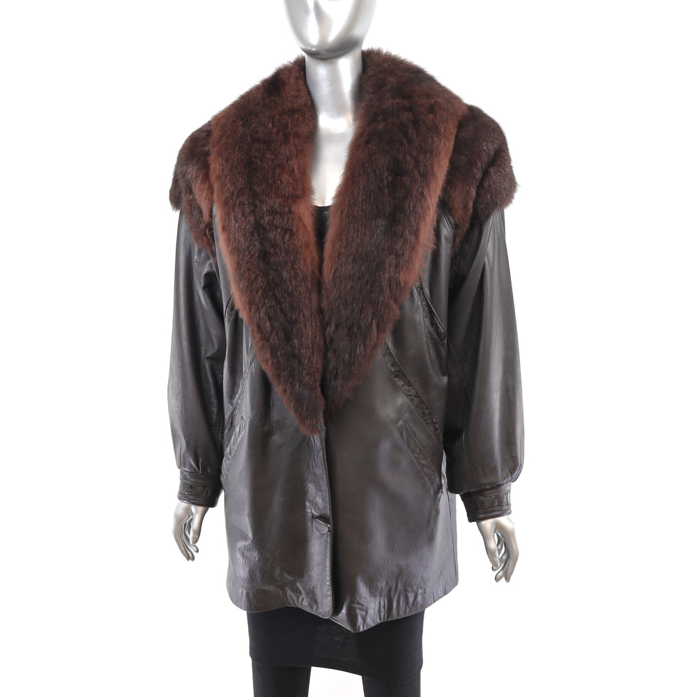 Leather Jacket with Opossum Collar- Size M-L