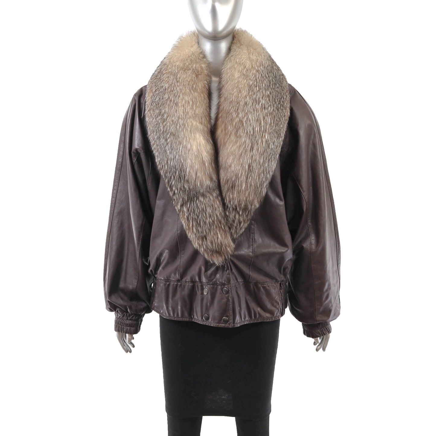 Leather Jacket with Crystal Fox Collar- Size L