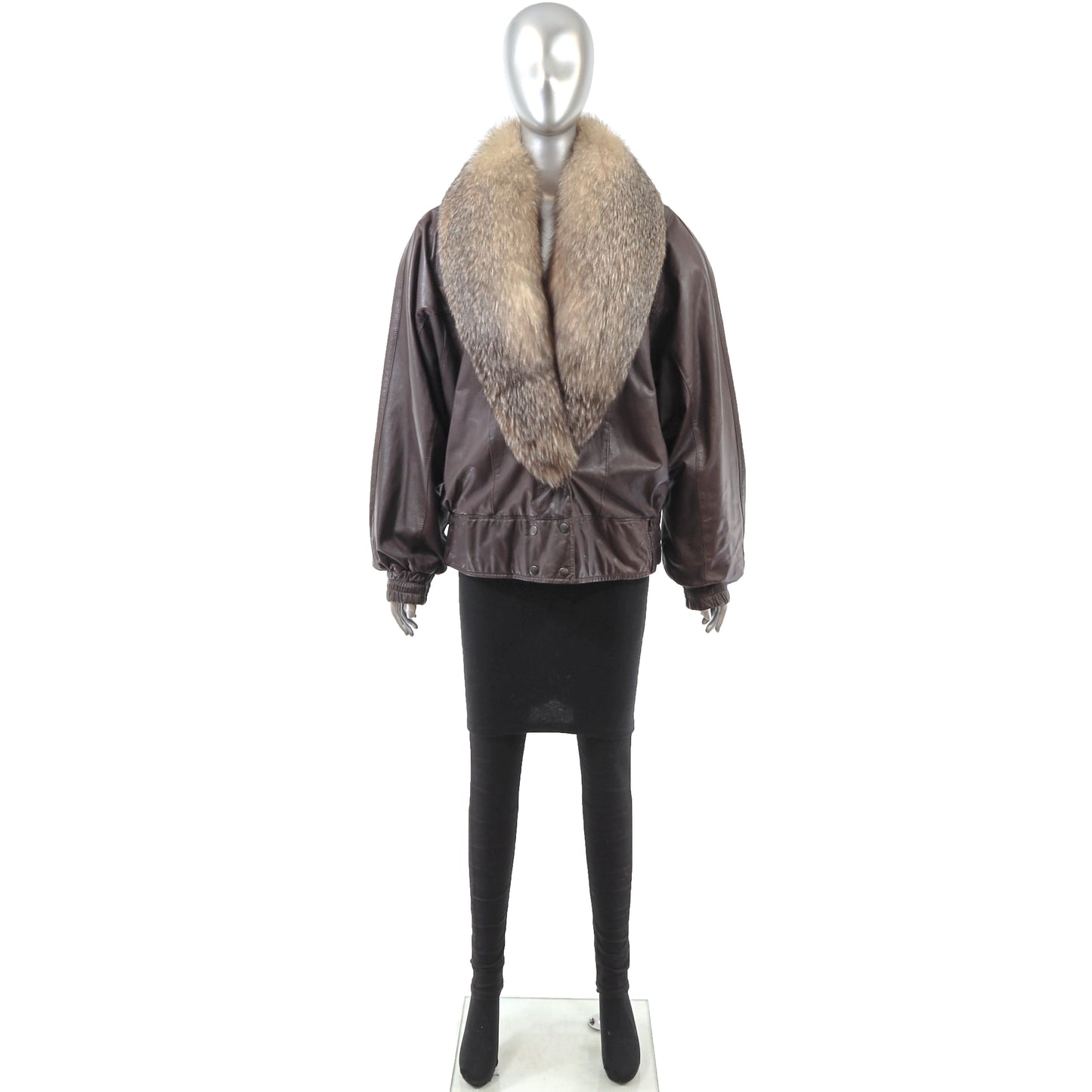 Leather Jacket with Crystal Fox Collar- Size L