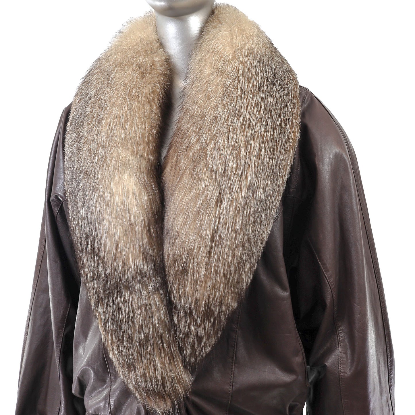 Leather Jacket with Crystal Fox Collar- Size L
