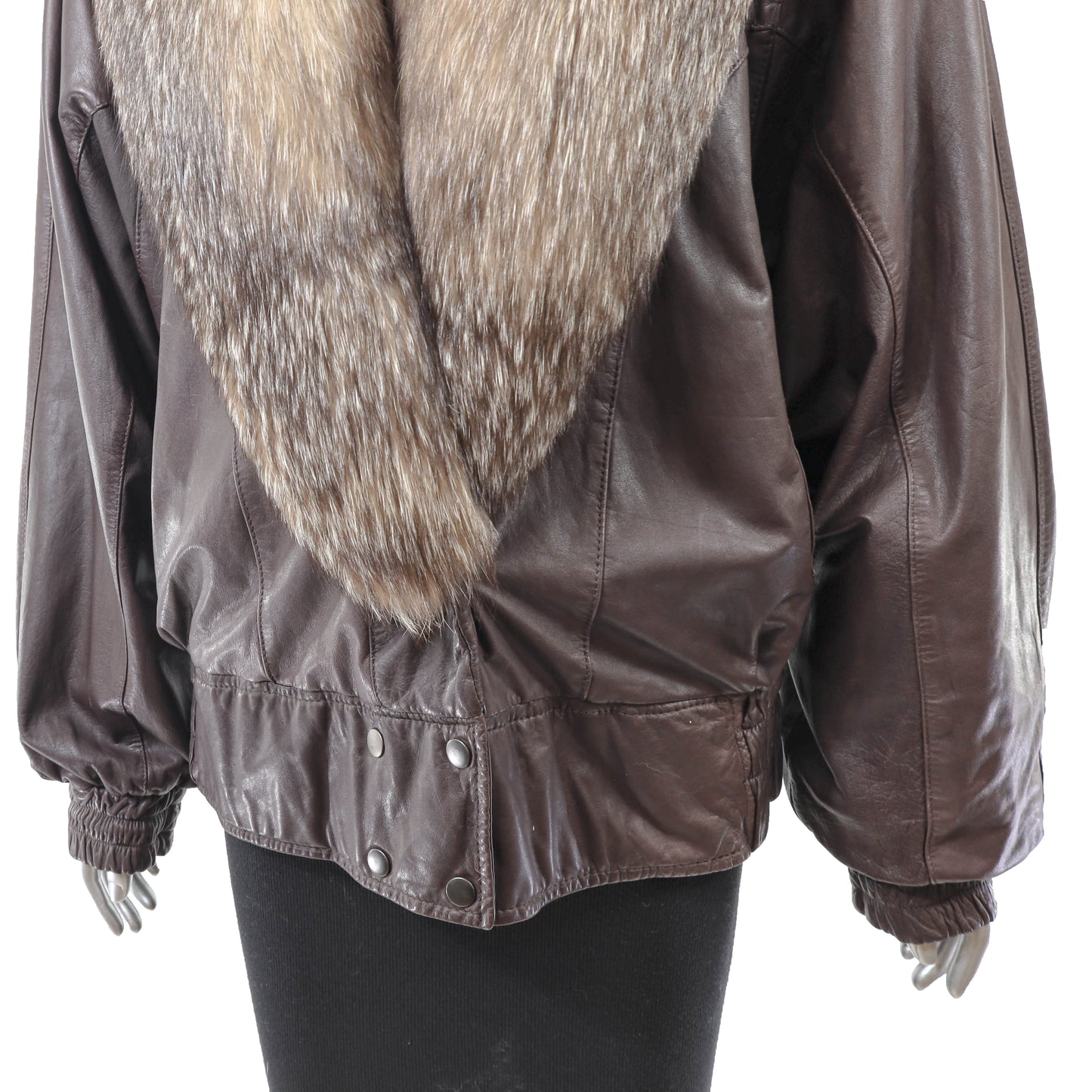 Leather Jacket with Crystal Fox Collar- Size L