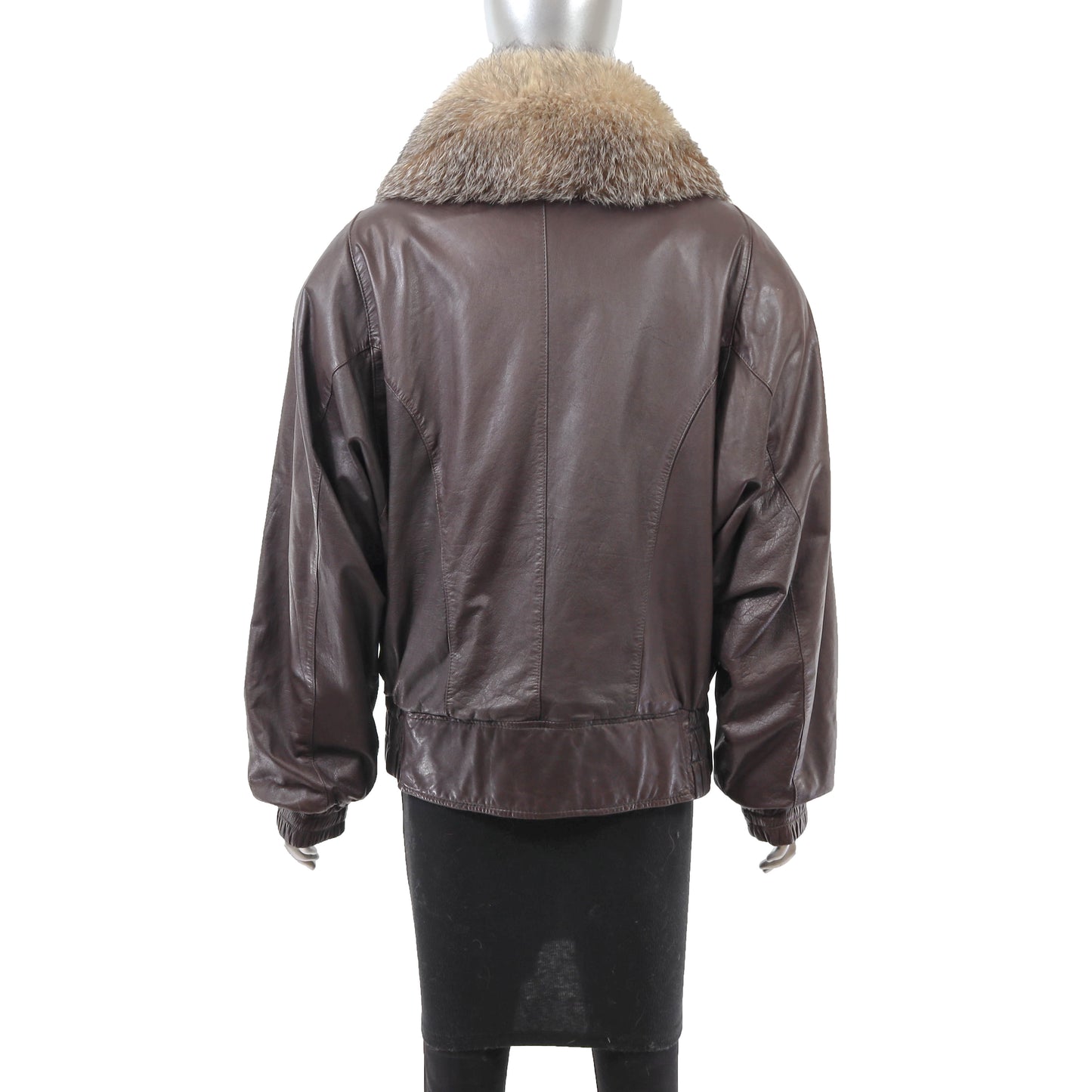 Leather Jacket with Crystal Fox Collar- Size L