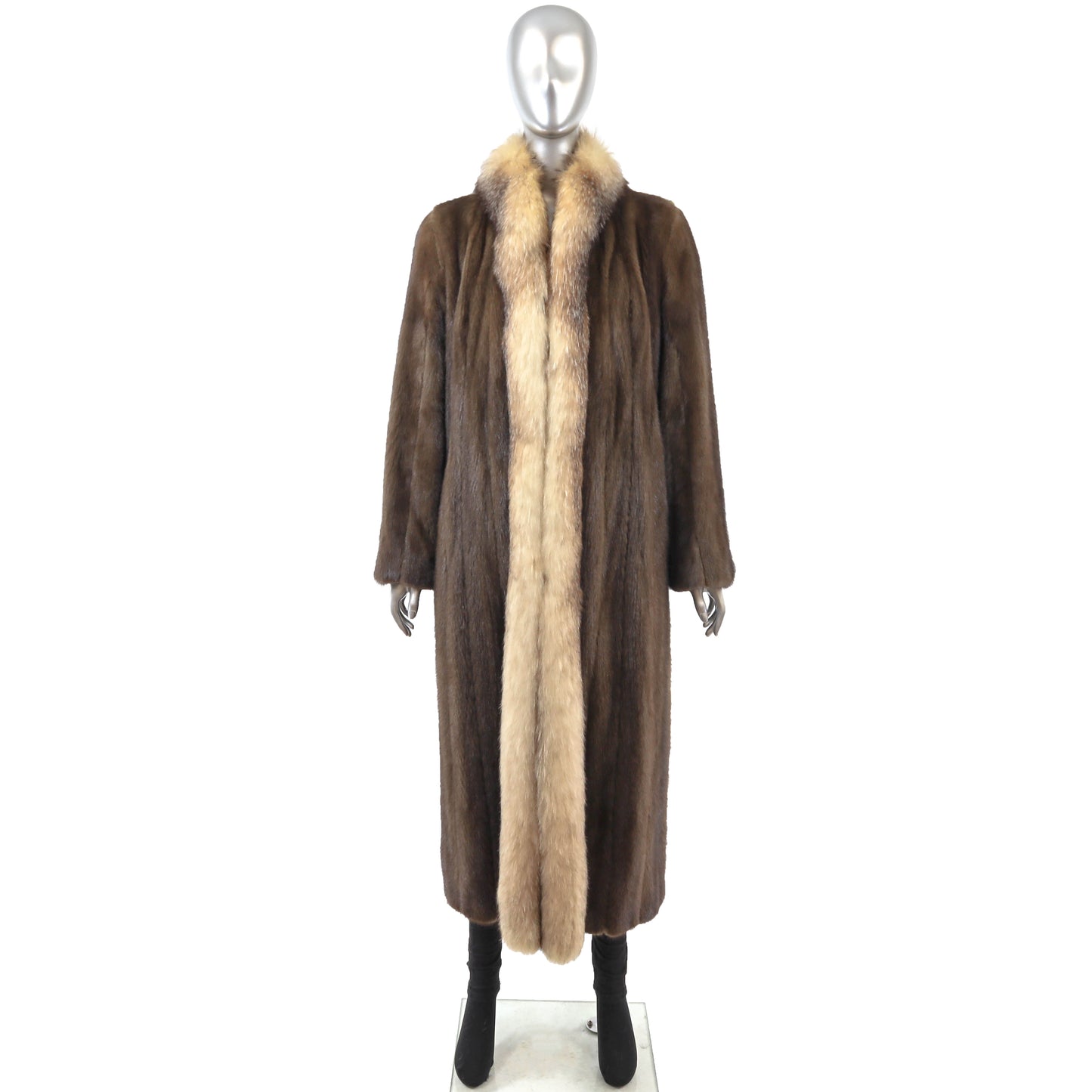 Brown Mink Coat with Fox Tuxedo- Size S
