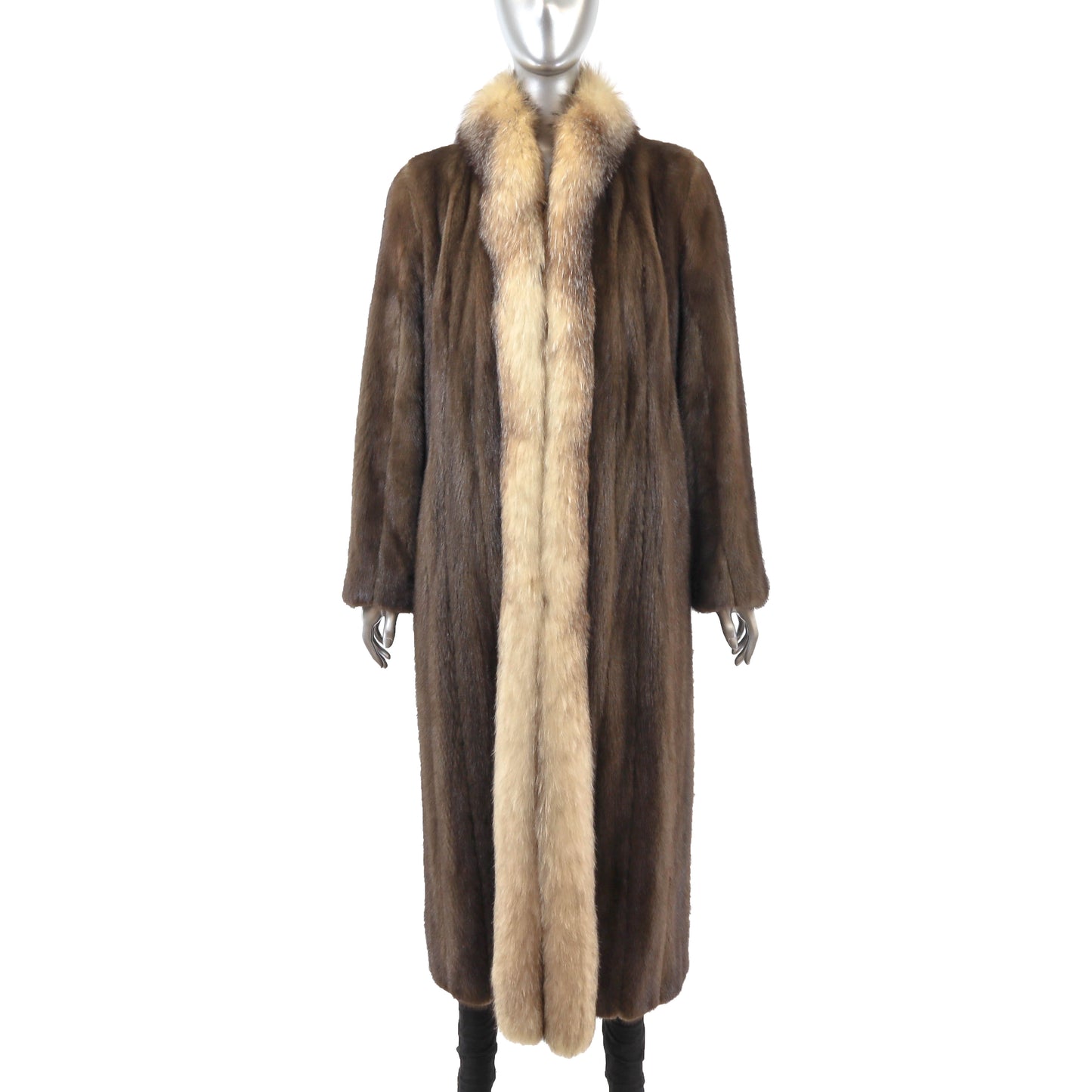 Brown Mink Coat with Fox Tuxedo- Size S