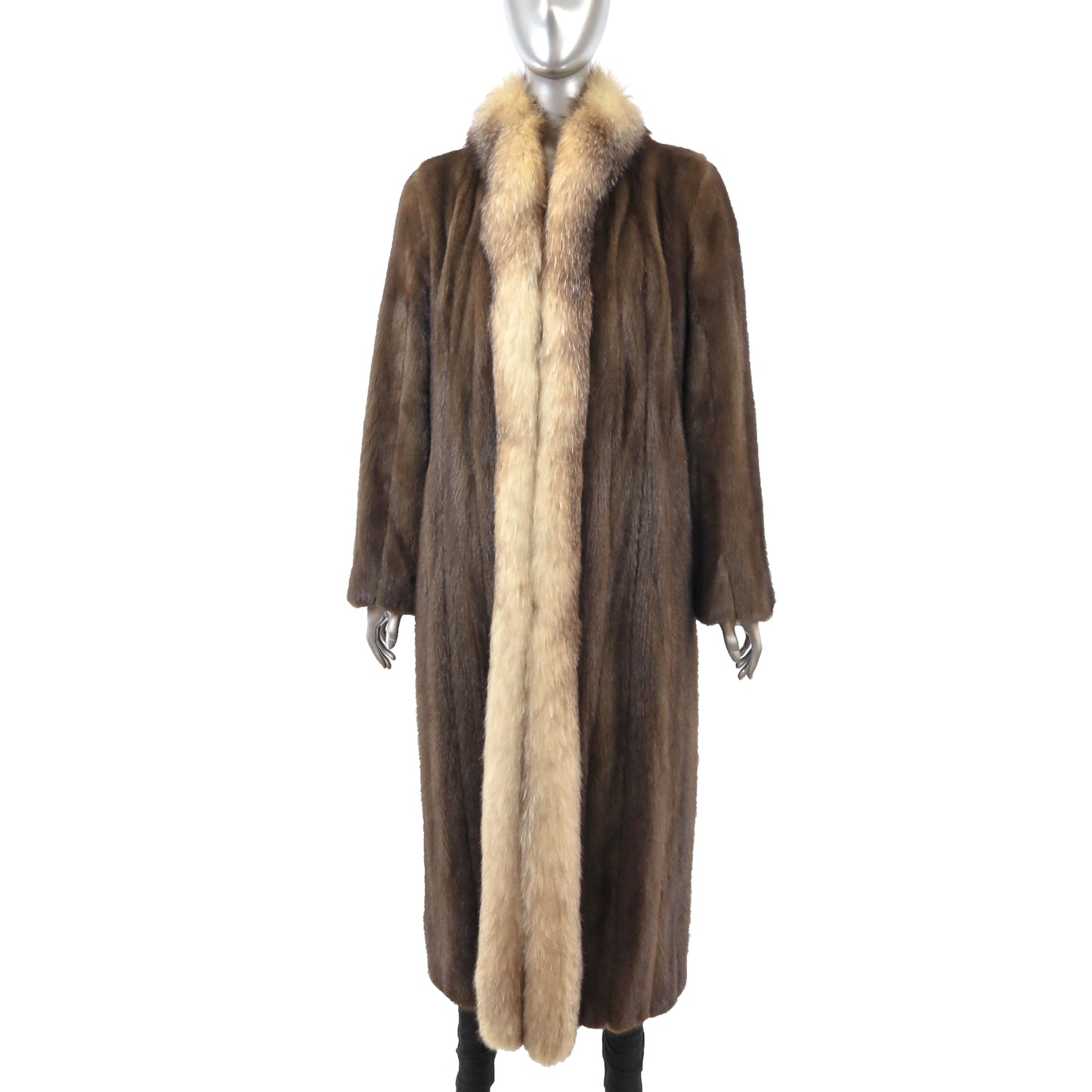 Brown Mink Coat with Fox Tuxedo- Size S