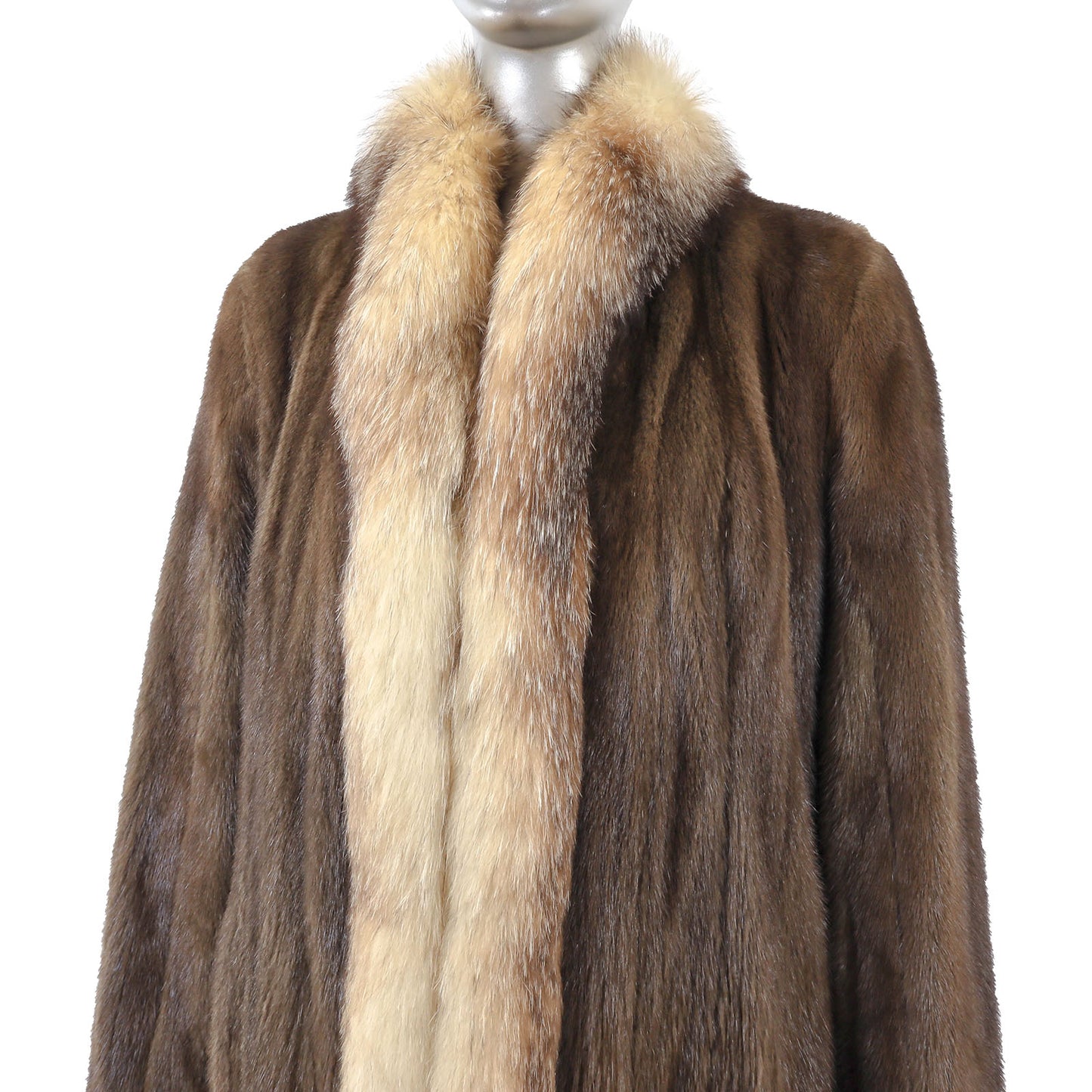 Brown Mink Coat with Fox Tuxedo- Size S