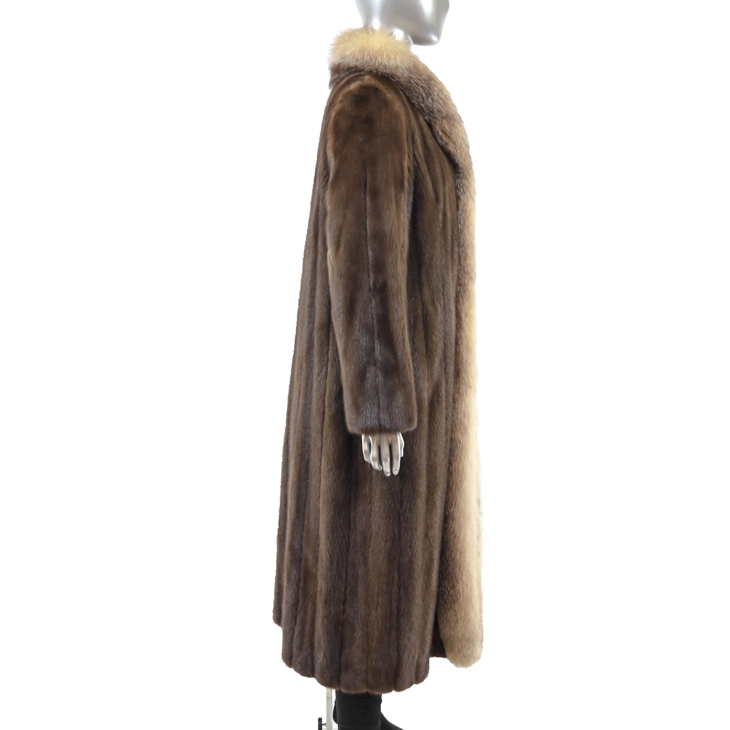 Brown Mink Coat with Fox Tuxedo- Size S