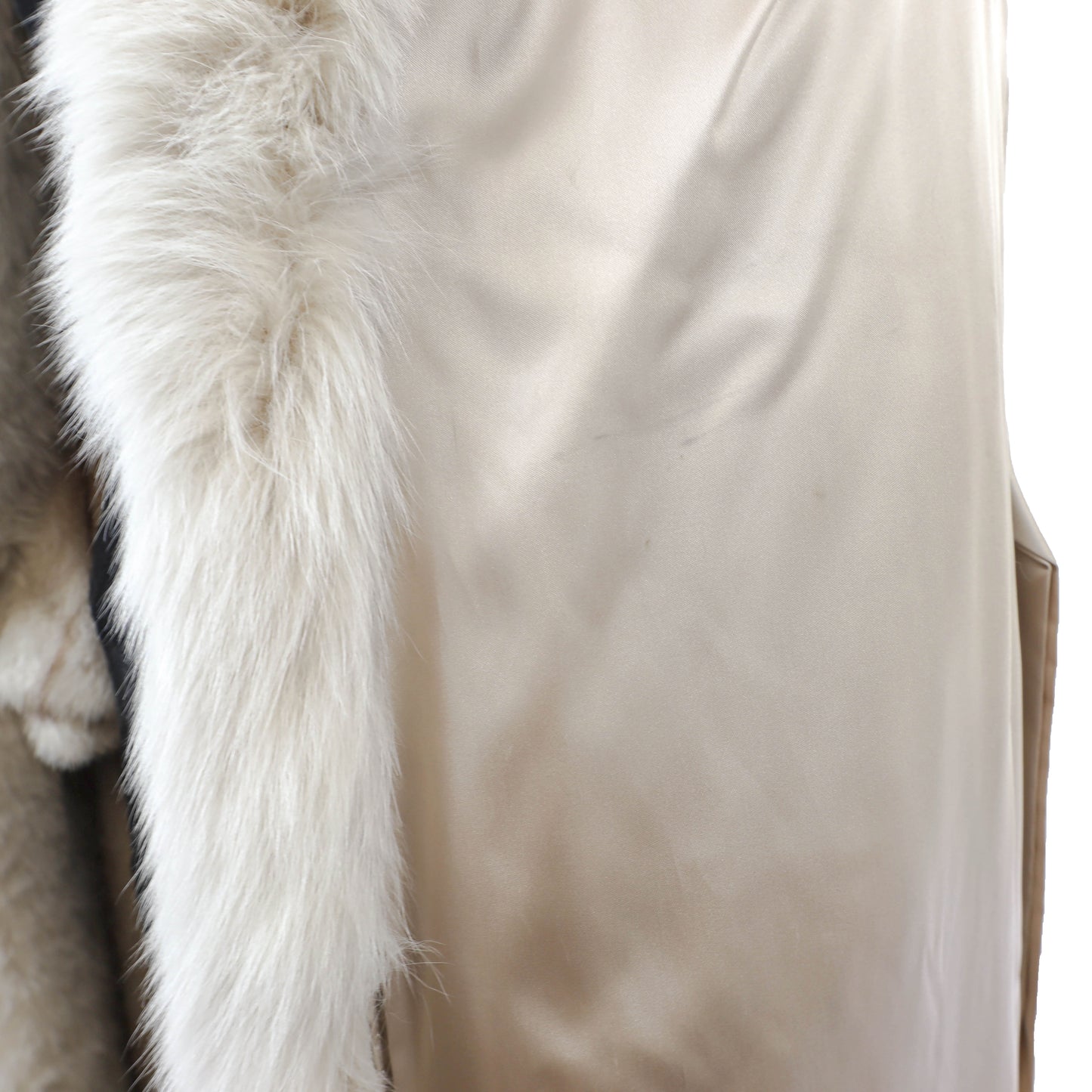 Ivory Hooded Mink Coat with Fox Tuxedo and Matching Hat- Size M