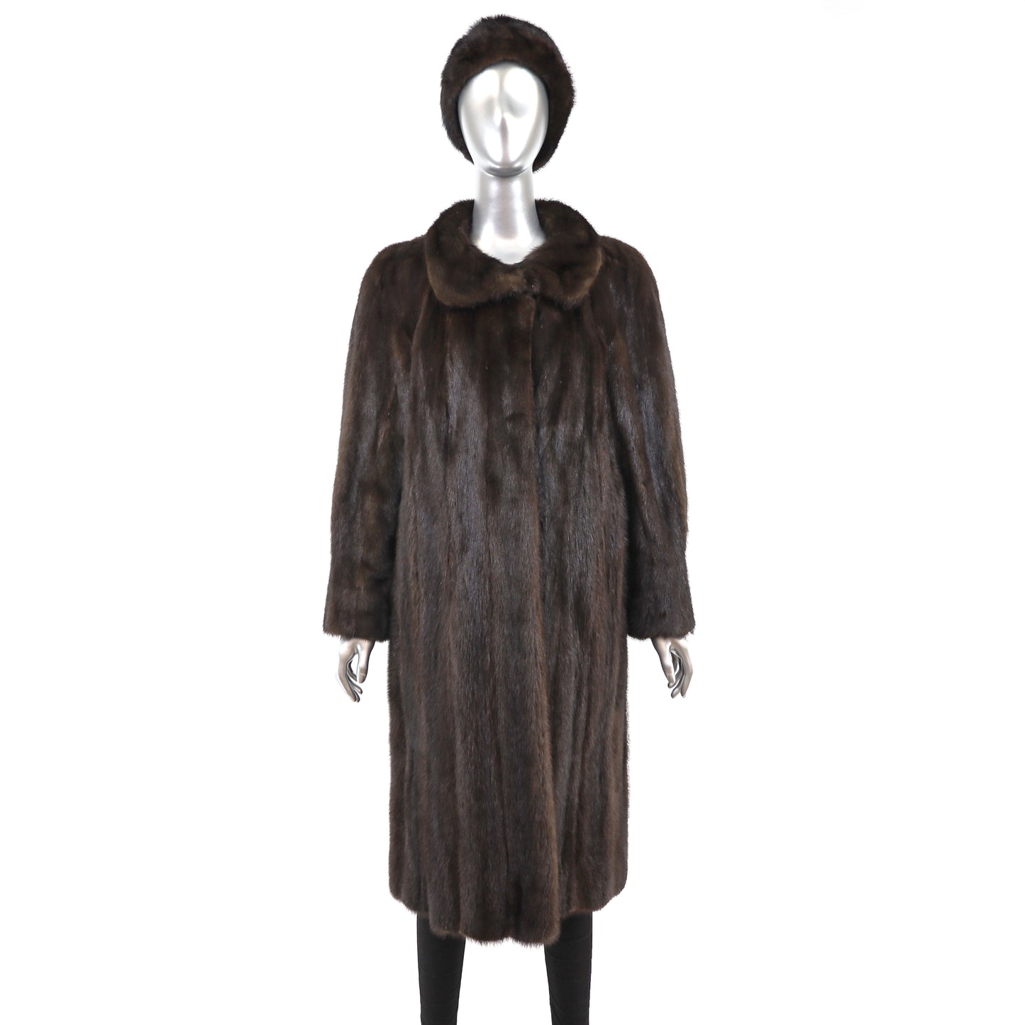 Dark Brown Mink Coat with Matching Hat- Size L